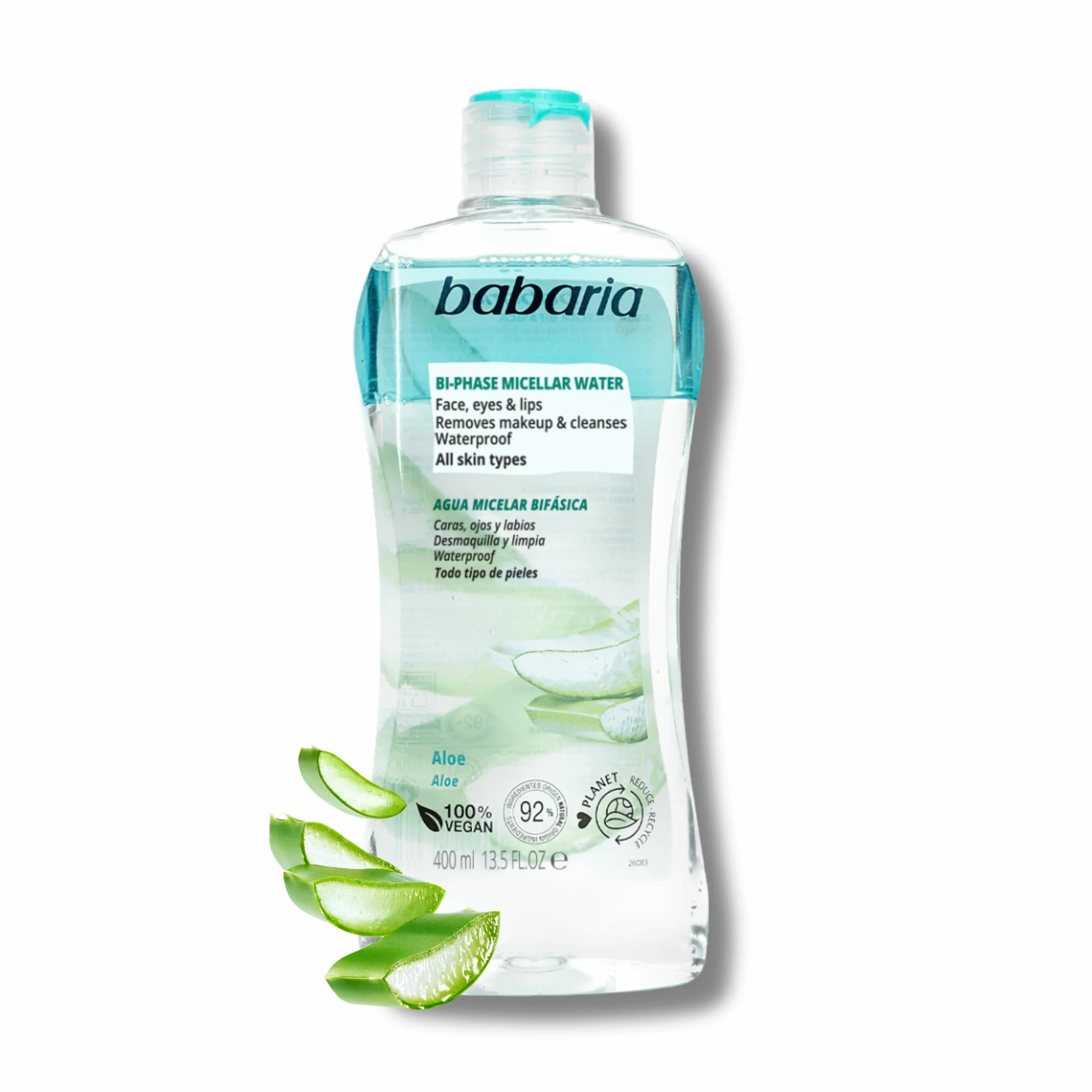 Babaria Agua Micelar Suave con Aloe Vera 400 ml Desmaquillador Ojos Cara Labios