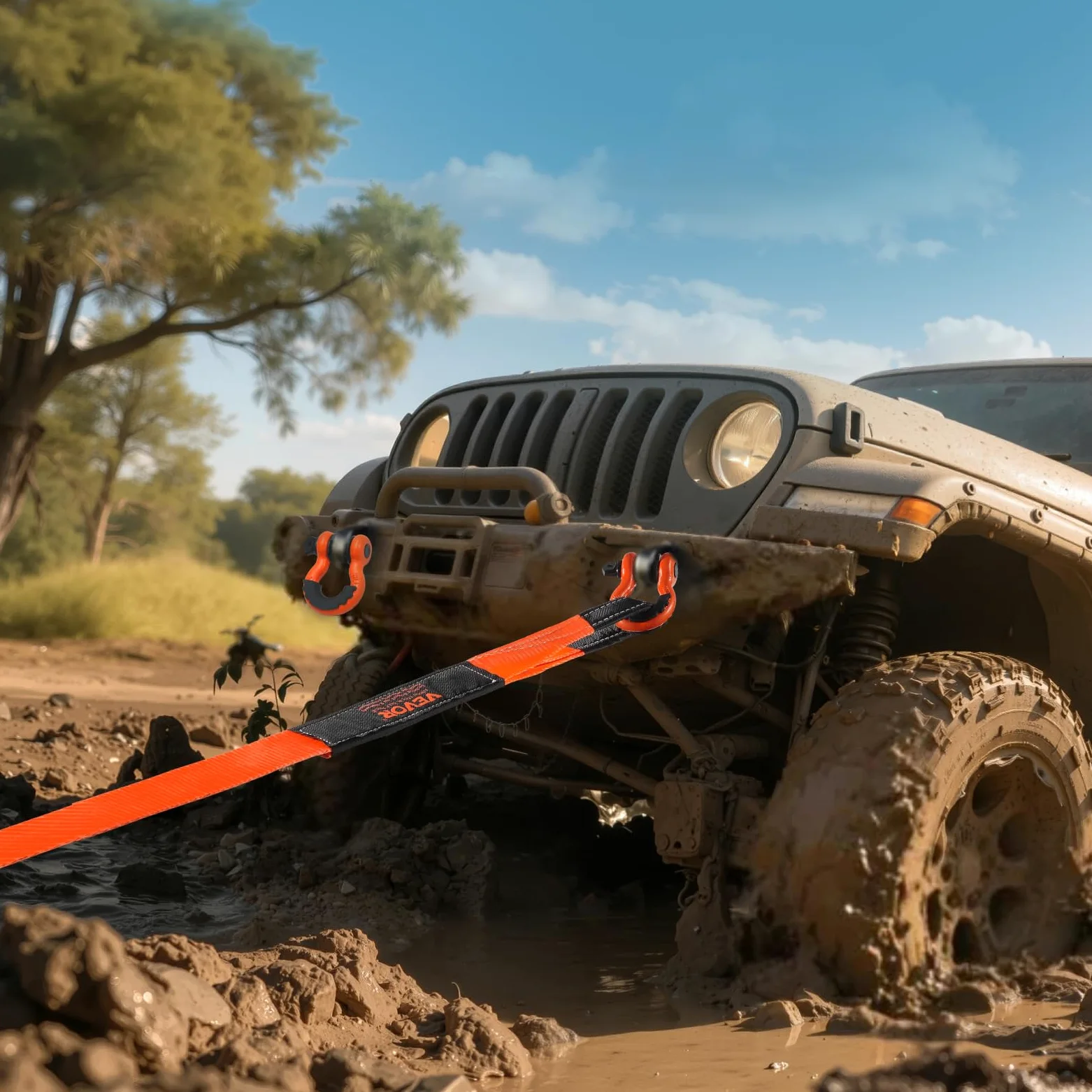 VEVOR Kit de Recuperación de Correas de Remolque, 76,2 mm x 9,1 m Capacidad de 16329 kg Correa de Cabrestante con Fundas Protectoras y Bolsa de Almacenamiento, Grilletes de Anilla en D para SUV, ATV