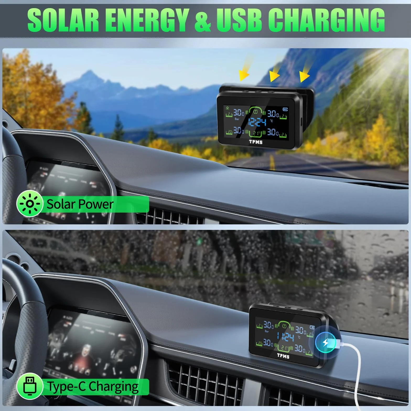 TPMS Sistema de Monitoreo de Presión de Neumáticos, Carga Solar/USB, 5 Funciones de Alarma, Auto On/Off, Compatible Caravana/Berlina/SUV/MPV (4 Sensores, 87 PSI)