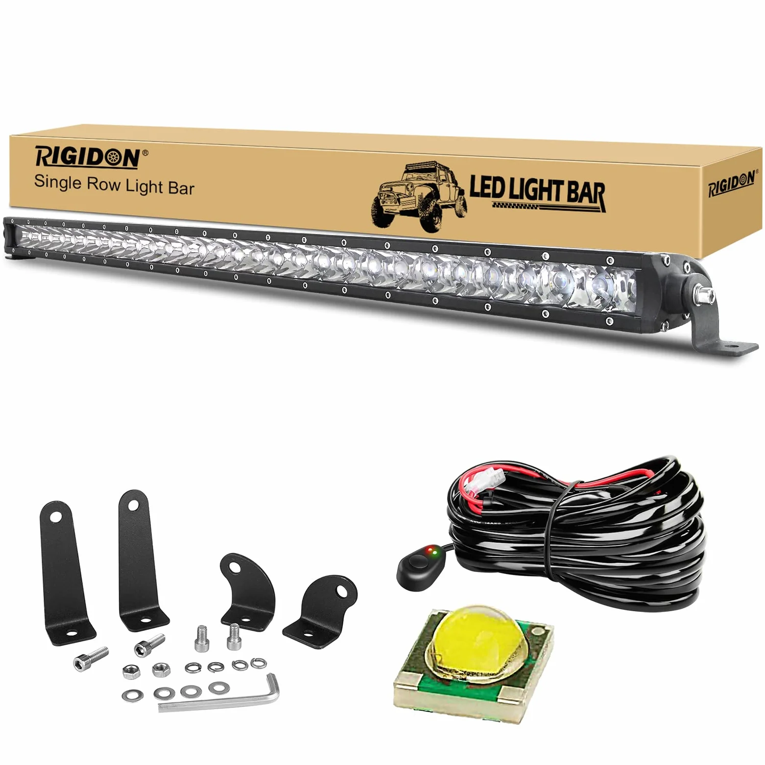 RIGIDON 32 Pulgadas 80cm 150W Foco Barra de luz led y 12V cableado Kit | faro de largo alcance, unica fila, barras luminosas, para off road camión coche ATV 4x4 todoterreno barco, lámpara de trabajo