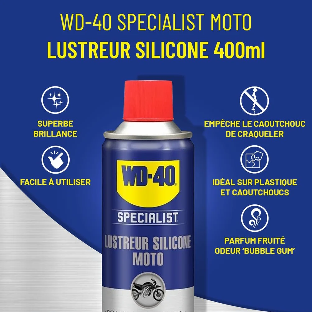 WD-40 Specialist, alisador de silicona para motocicletas, magnífico brillo, evita que el caucho se agriete y envejece, perfume afrutado, asimilado al olor "Bubble Gum", cartón de 12 aerosoles de 400