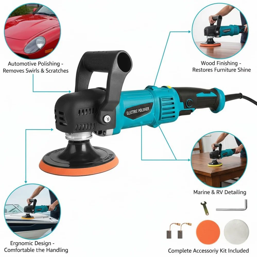 Pulidora para coche, pulidora rotorbital, pulidora para coche 5800 RPM, 6 velocidades ajustables, 2 esponjas abrillantadoras con mango D desmontable para coche, pulido de suelos y cera