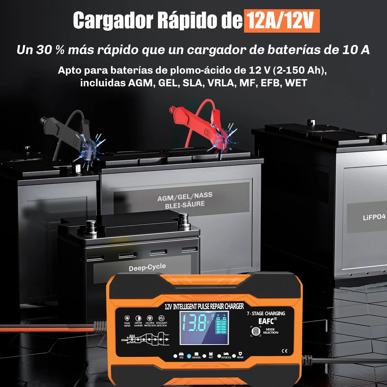 12A Cargador Baterias Coche Inteligente 12V, Mantenedor Bateria Moto para Baterías de Plomo-ácido, STD, AGM, Gel, SLA, Cable de 2m, Control Táctil, Compensación de Temperatura