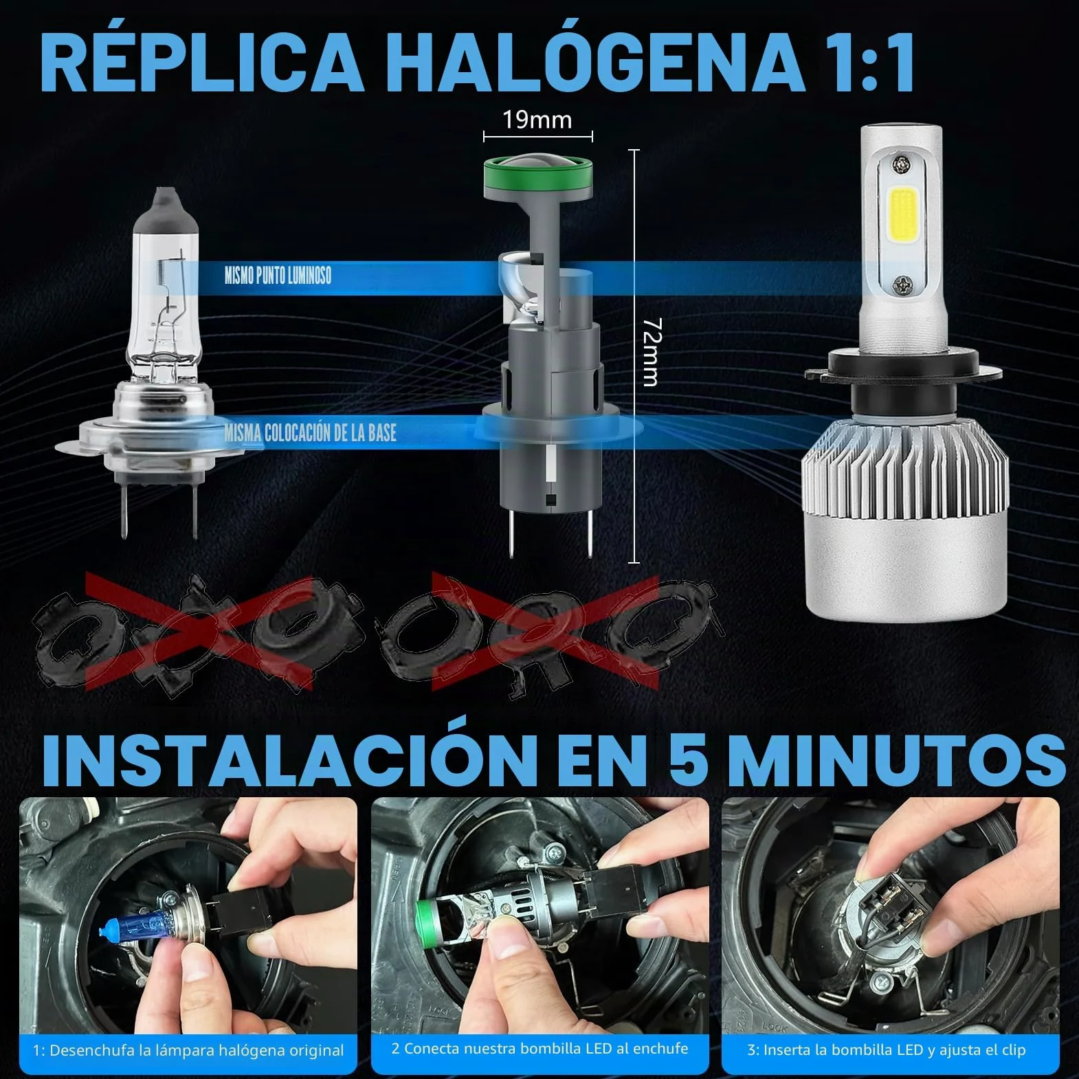 Bombilla H7 LED para Faros con Mini Lente de Proyector, 2 PCS H7 LED 12V 80W 21000 lm 800% más Brillante 6500K Tamaño 1:1 H7 Bombilla para Faro con Haz Alto/Bajo con ventilador
