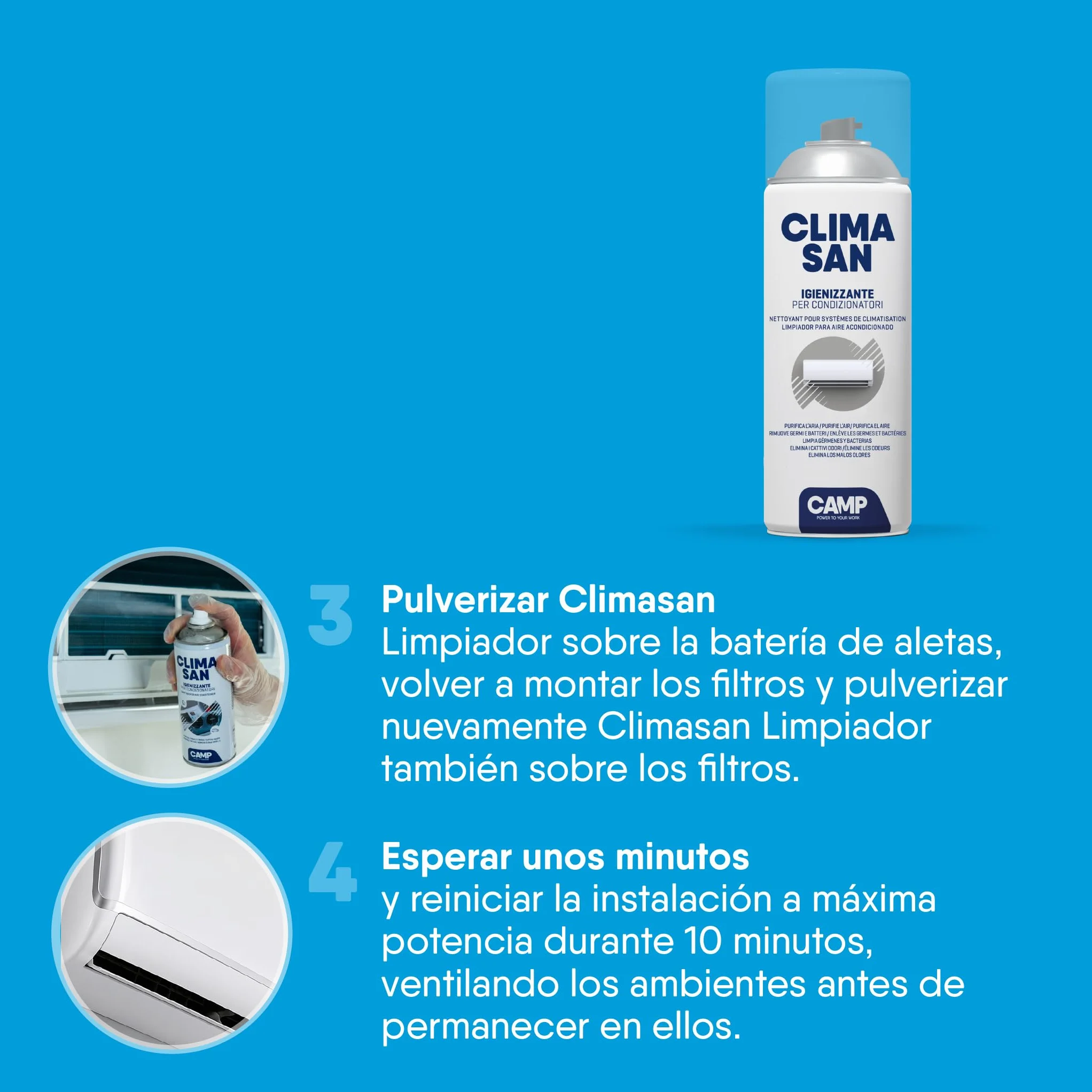 CAMP Climasan Limpiador – Limpiador Aire Acondicionado Casa, Spray para Climatizador Ideal para Remover Gérmenes y Bacterias, Limpieza Aire Acondicionado a Acción Purificadora, Made in Italy, 400 ml