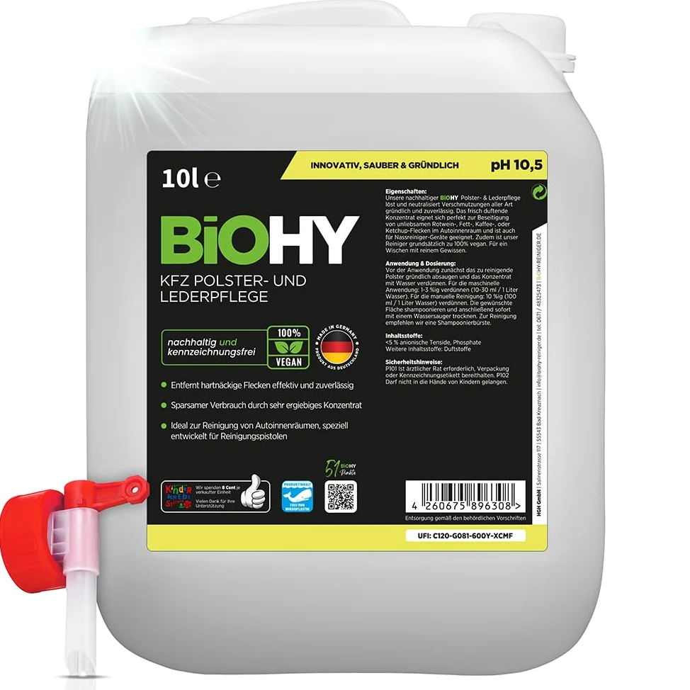 BiOHY Cuidado de Tapicería y Piel Para Coche con Grifo de Salida, Limpiador Interior Para Asientos de Coche (Bidón de 10 Litros)
