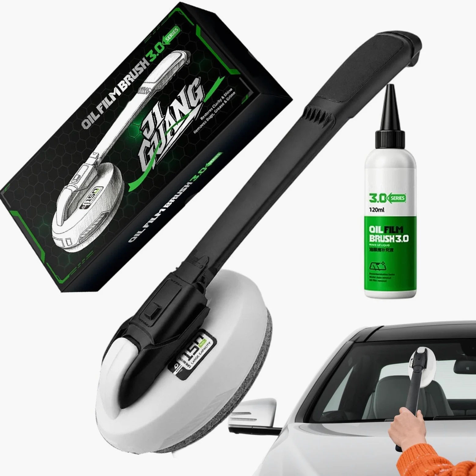 Quitapelícula para cristales coche Cepillo Limpiador Con Mango Largo | Limpiacristales 150 ml Precargado + 120 ml Recarga para conducción clara y espejo retrovisor