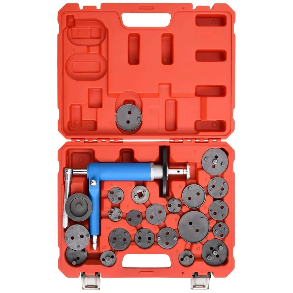 Juego de 23 herramientas universales de pistón de freno de aire comprimido con 22 adaptadores, maletín rojo, para reparación y mantenimiento de coches, motos, coches y camiones