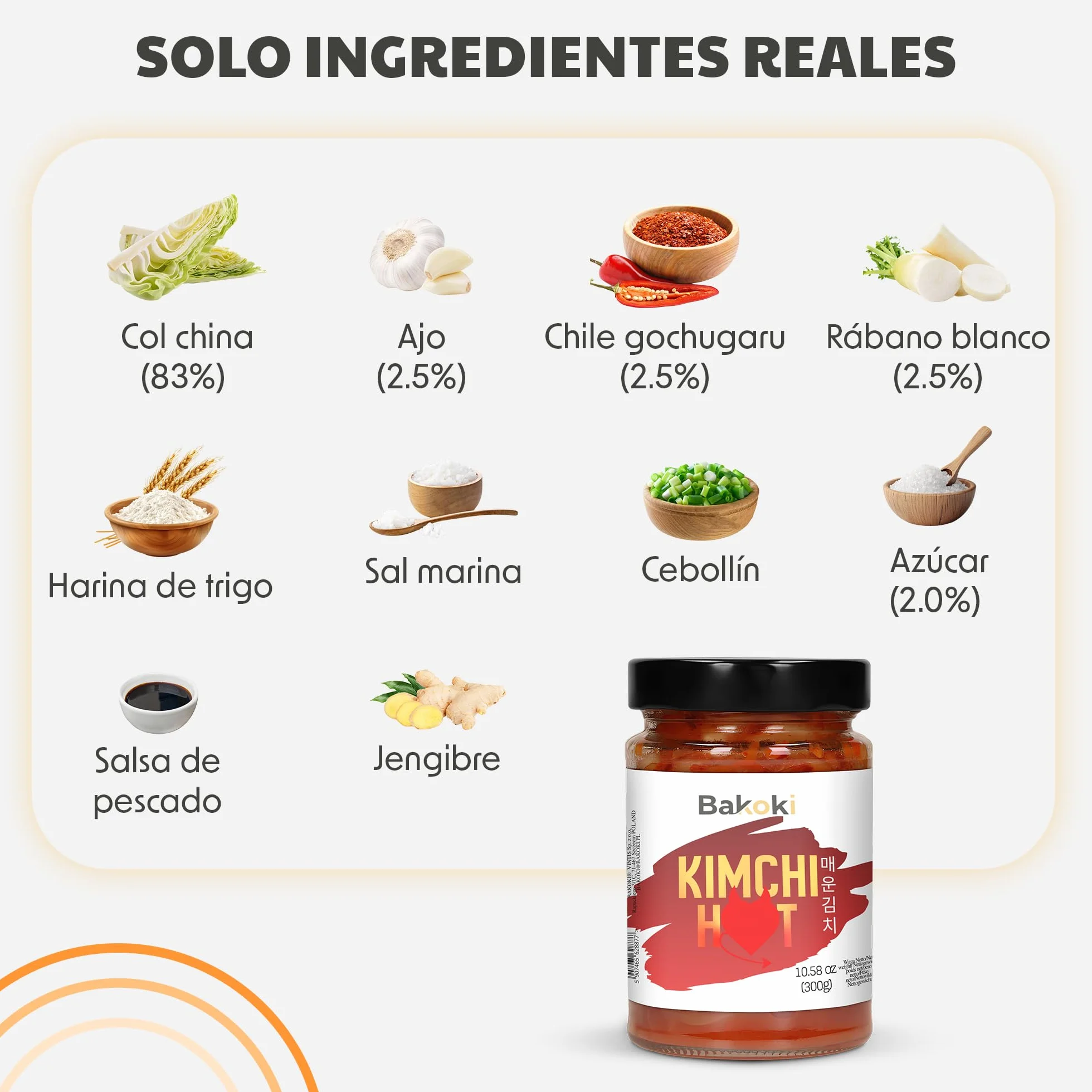 Bakoki Premium 매운 김치 Hot‑Kimchi (Gochugaru) – kimchi coreano picante de repollo napa fermentado probiótico umami 2 × 300 g