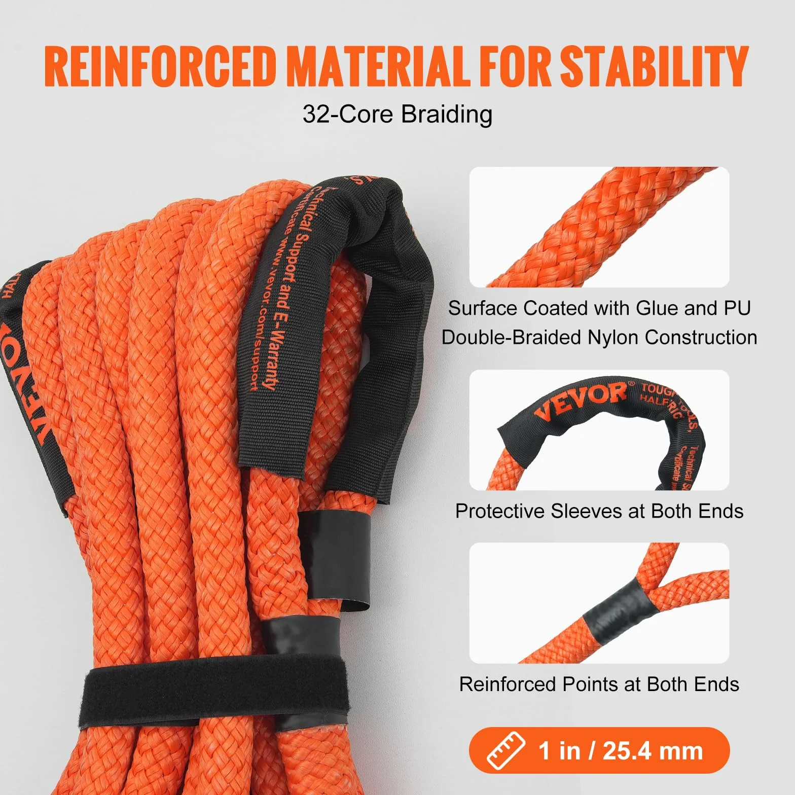 VEVOR Correa de Remolque de Nilón de Recuperación Cinética de 25,4 mm x 9,1 m, Carga de 17237 kg, Correa de Arranque Resistente de Energía de Elasticidad Extrema para Jeep, Camión, SUV, Tractor