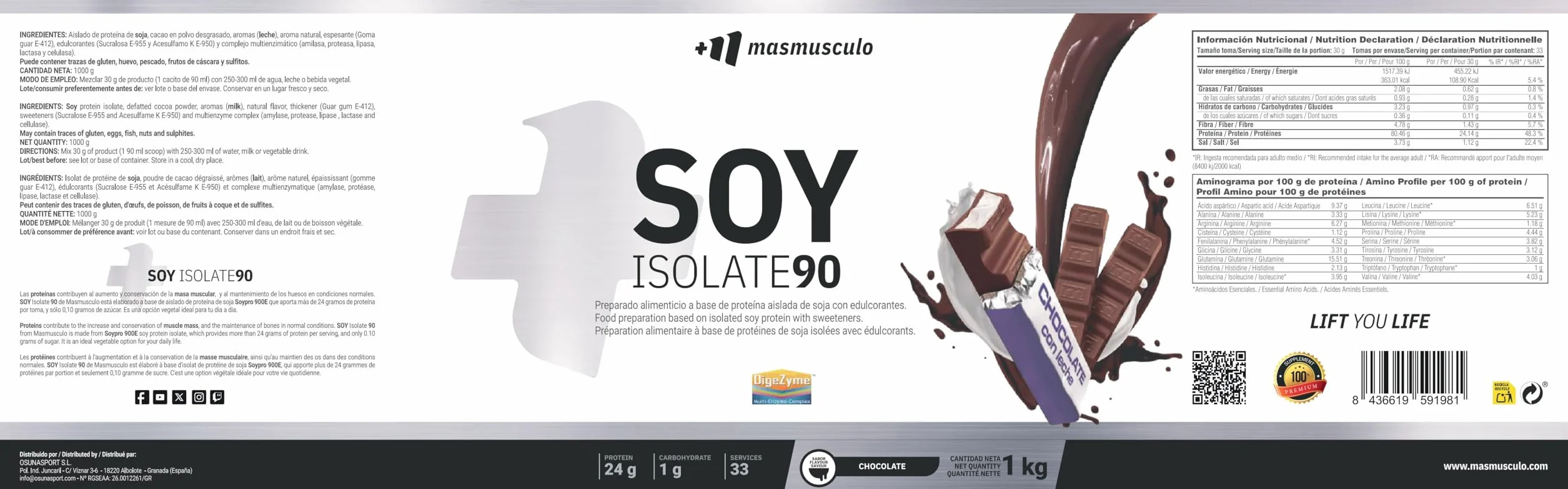 SOY Isolate 90 Proteína Aislada de Soja 1 Kg Vegano Sabor Chocolate