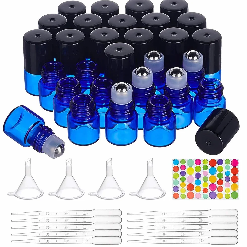 BENECREAT 30 Pack 1ml Azul Botellas Roll-on de Vidrio con Bolas de Rodillos de Acero Inoxidable para Aceites Esenciales
