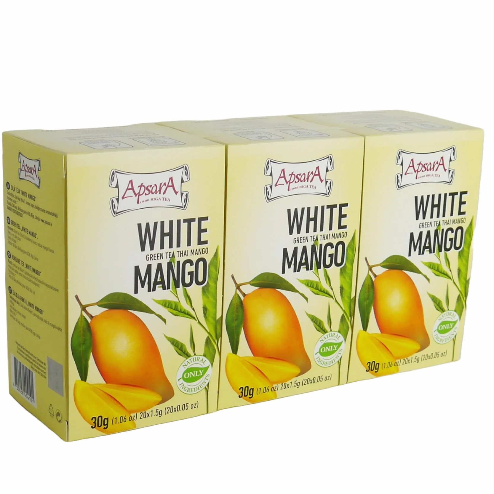 Apsara Premium té de Mango Blanco, juego de 3 (60 bolsitas), té verde y blanco con nota afrutada