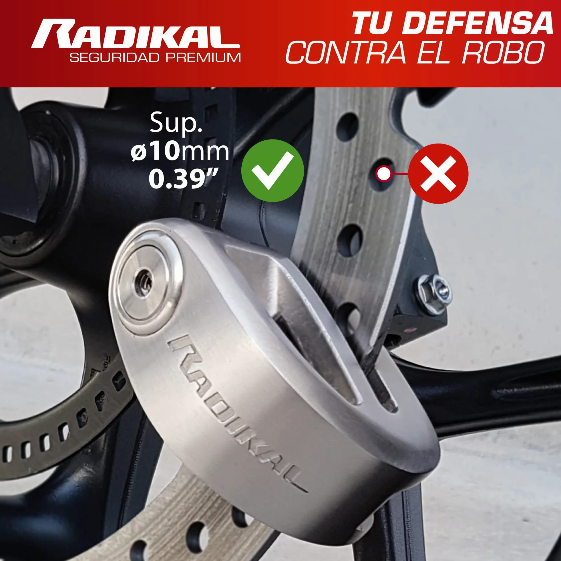 RADIKAL RK310S Candado Moto Premium, Antirrobo Disco Homologado SRA, Testado Doble Bloqueo ø10mm, Exclusivo Diseño Doble Puente, Cerradura Alta Seguridad, Acero Inoxidable, Cepo Pinza Motos y Scooter
