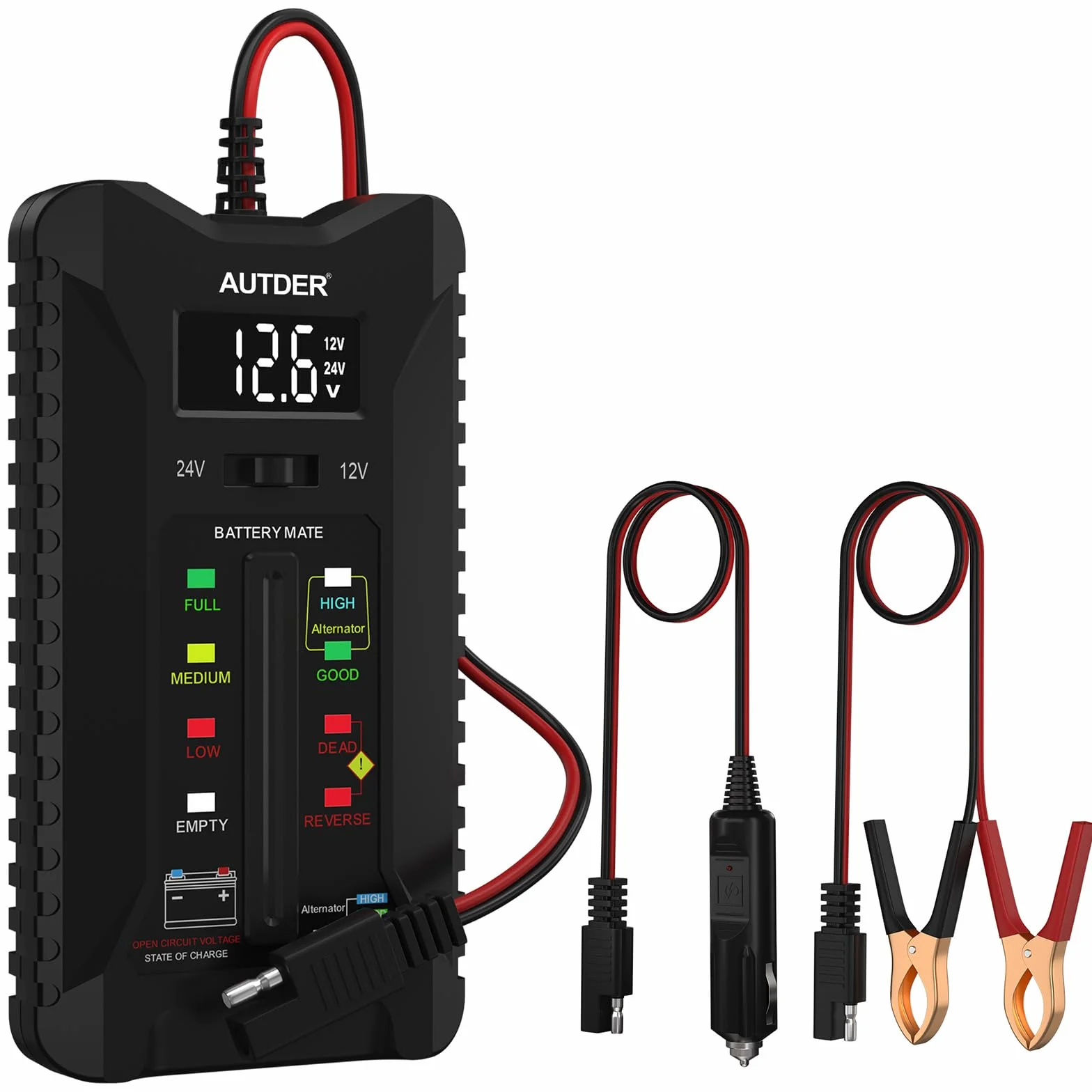 AUTDER Tester de Batería Digital, Volímetro 12V/24V para Baterías de Coche y Moto, Analizador del Sistema de Carga del Alternador con Pantalla LCD e Indicadores LED, Dos Modos de Prueba