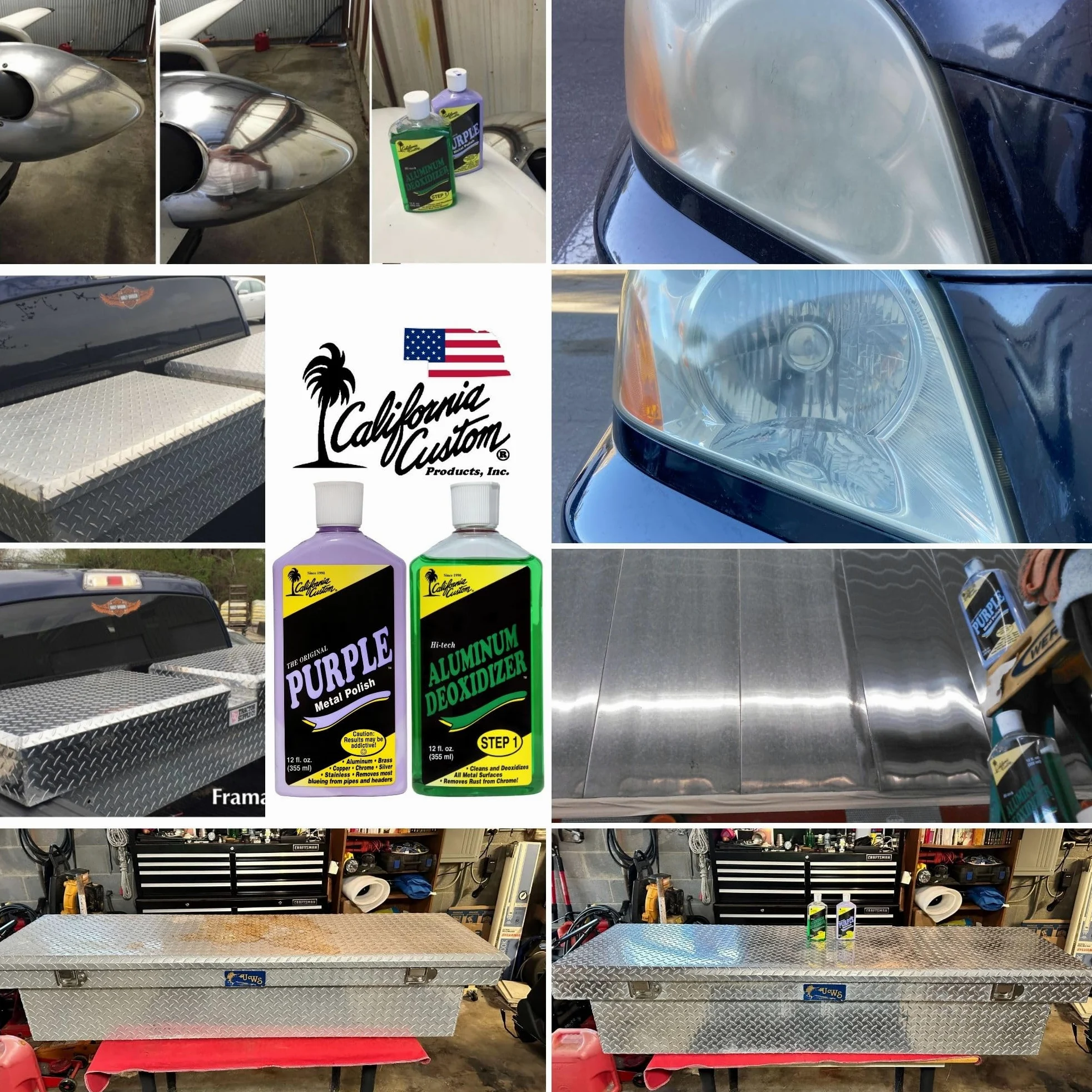CALIFORNIA CUSTOM Productos: esmalte de metal violeta + desoxidante de aluminio, sin silicona, seguro para carrocería, ideal para aluminio, latón, cobre, cromo, plata, acero inoxidable y oro