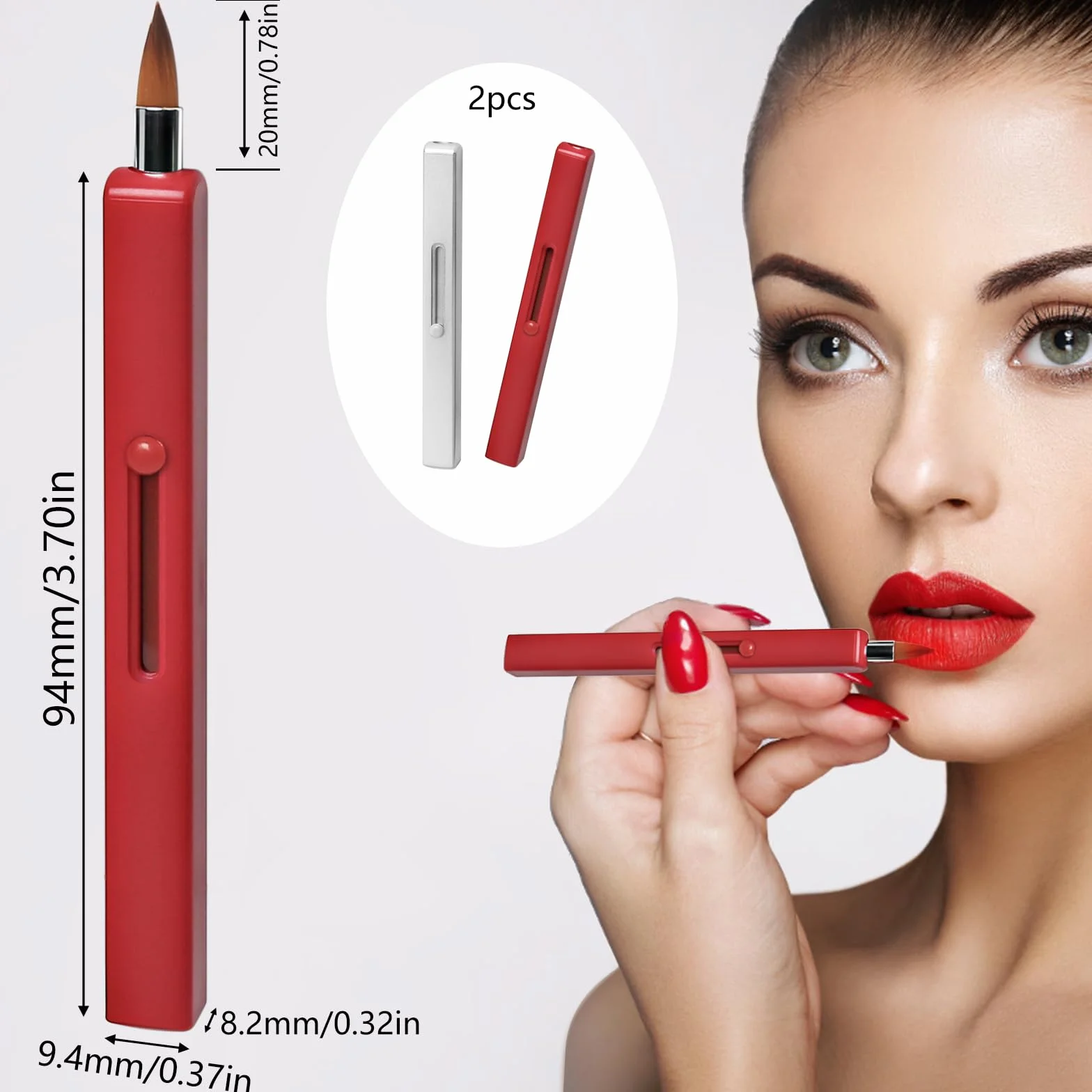 Pincel de Maquillaje Retráctil Doble Extremo para Labios, Portátil (Rojo + Plateado)