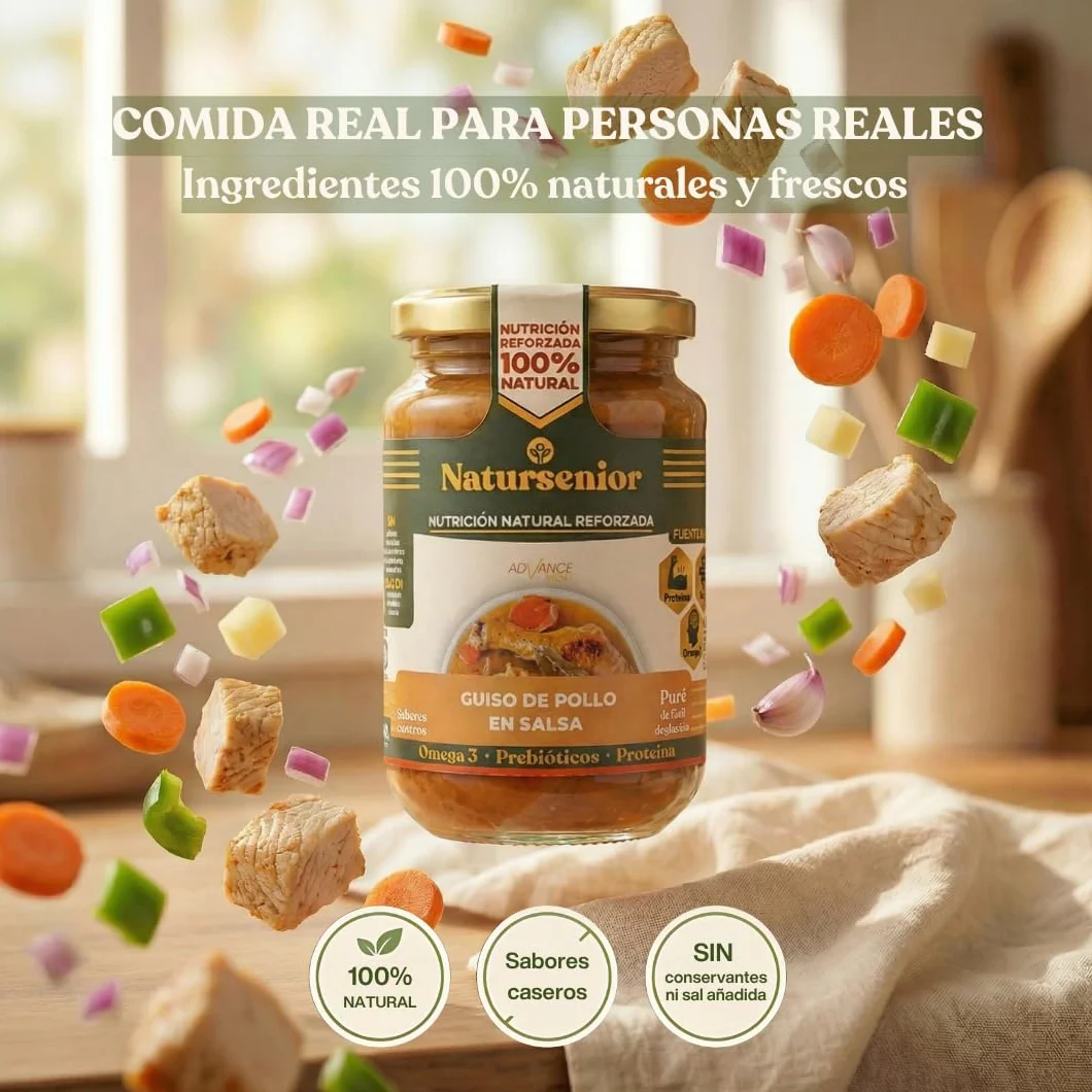 Natursenior Comida Triturada para Personas Mayores Pack Puré Guiso de Pollo en Salsa 100% Natural Omega 3 Fibra Proteína 6x340g