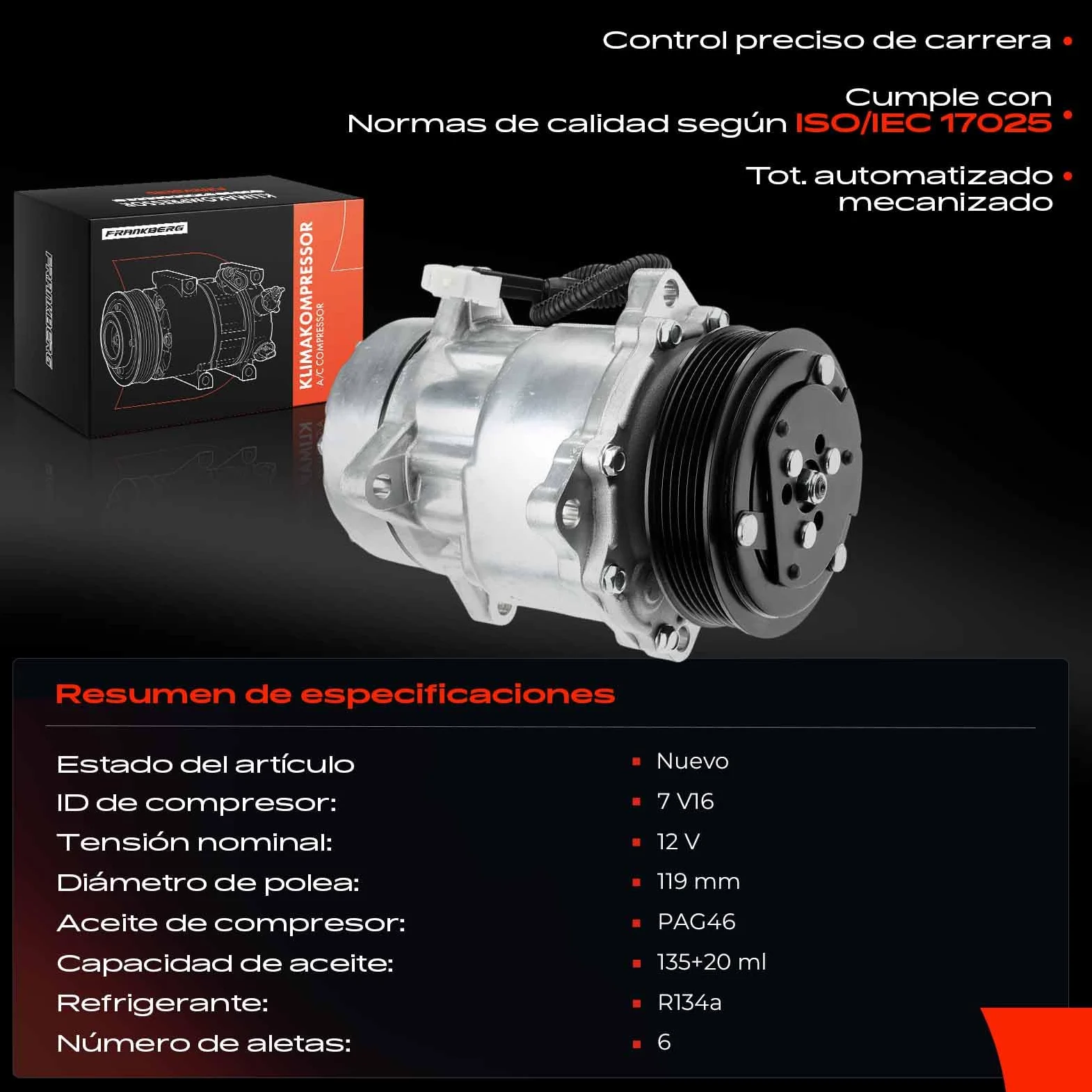 Frankberg Compresor de aire acondicionado 6453.EY | Compatible con: Plataforma/chasis Partner 5 G, 406 Descanso 8E/F, Xsara N1, Plataforma plana/chasis Boxer 244