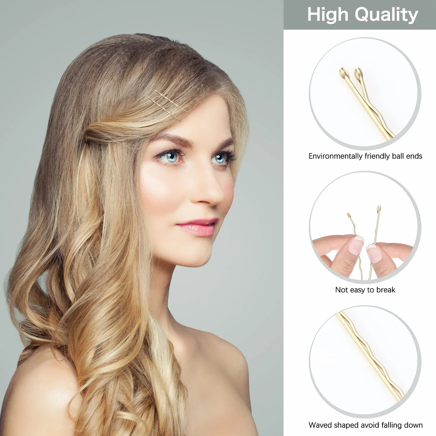 OWill Horquillas pelo mujer 150 unidades doradas 5 cm metal onduladas moño recogidos caja portátil