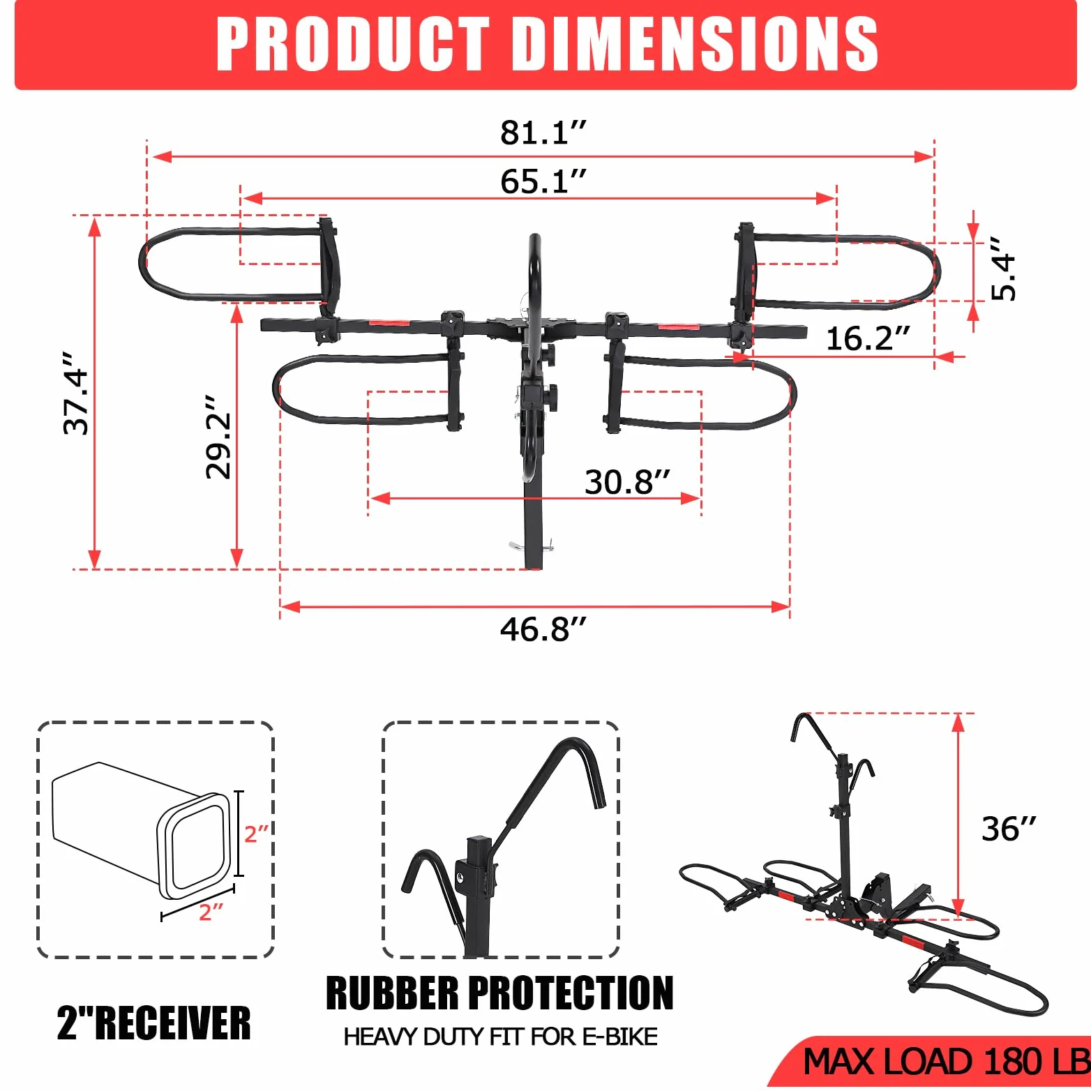 Garvee Portabicicletas Plegable de Enganche para 2 Bicicletas, Soporte para E-Bikes y Fat Bikes de hasta 180 kg, Ajuste de Neumáticos de 5.5'' con Sistema Antioscilación para Coche y SUV, Negro