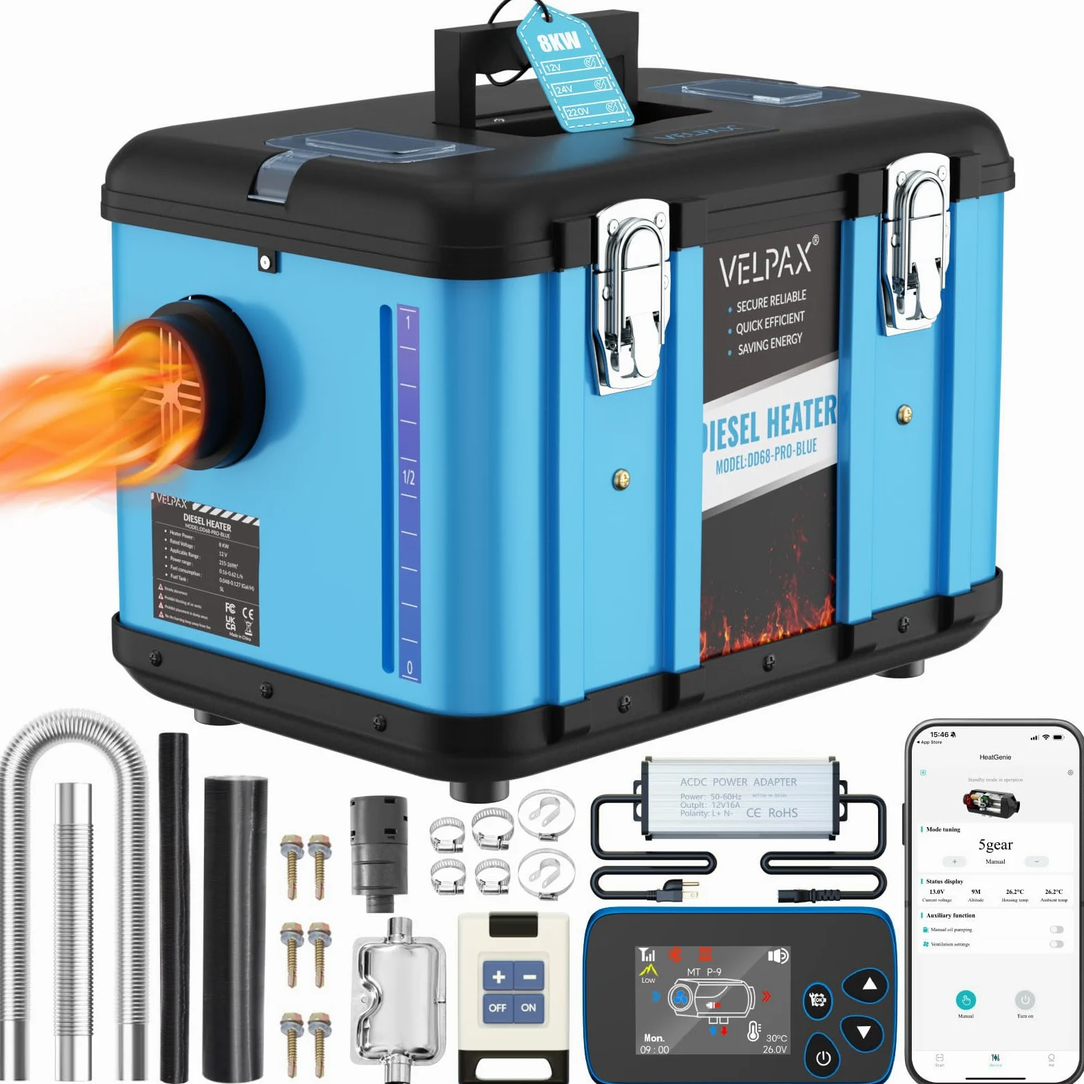 VELPAX Calentador Diésel Portátil Todo en Uno 12 V 24V 220V 8KW,Bluetooth App Calentador de Aire Diesel 0,16-0,52 L/h LCD de Control Remoto,Adecuado para Autocaravanas,Coches,Camiones,Autobuses