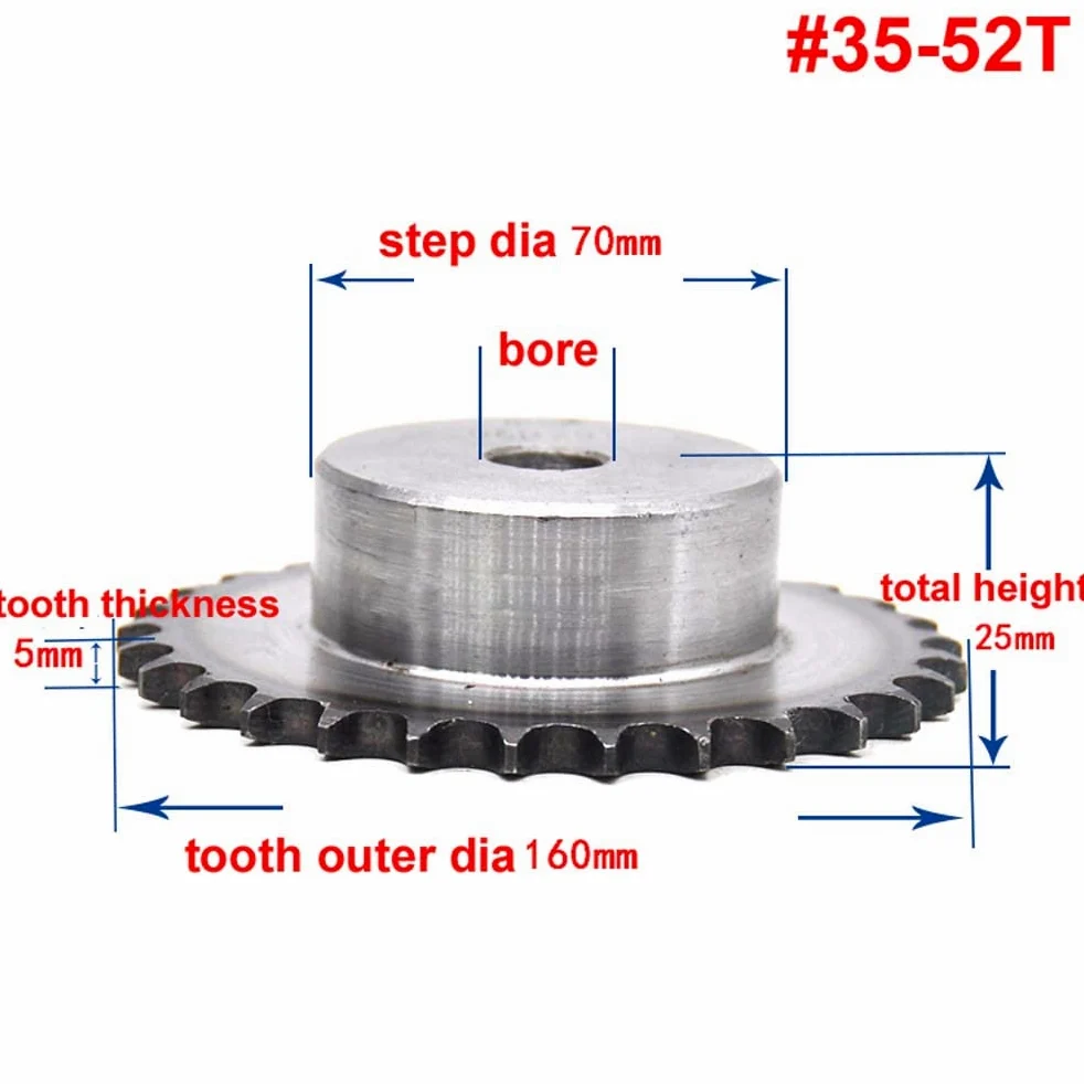 Piñón de cadena de rodillos Piñón de transmisión for cadena de rodillos n.° 35, 52 dientes, n.° 35-52T, paso de 3/8" for cadena de rodillos n.° 35H 06B sin orificios for tornillos de fijación