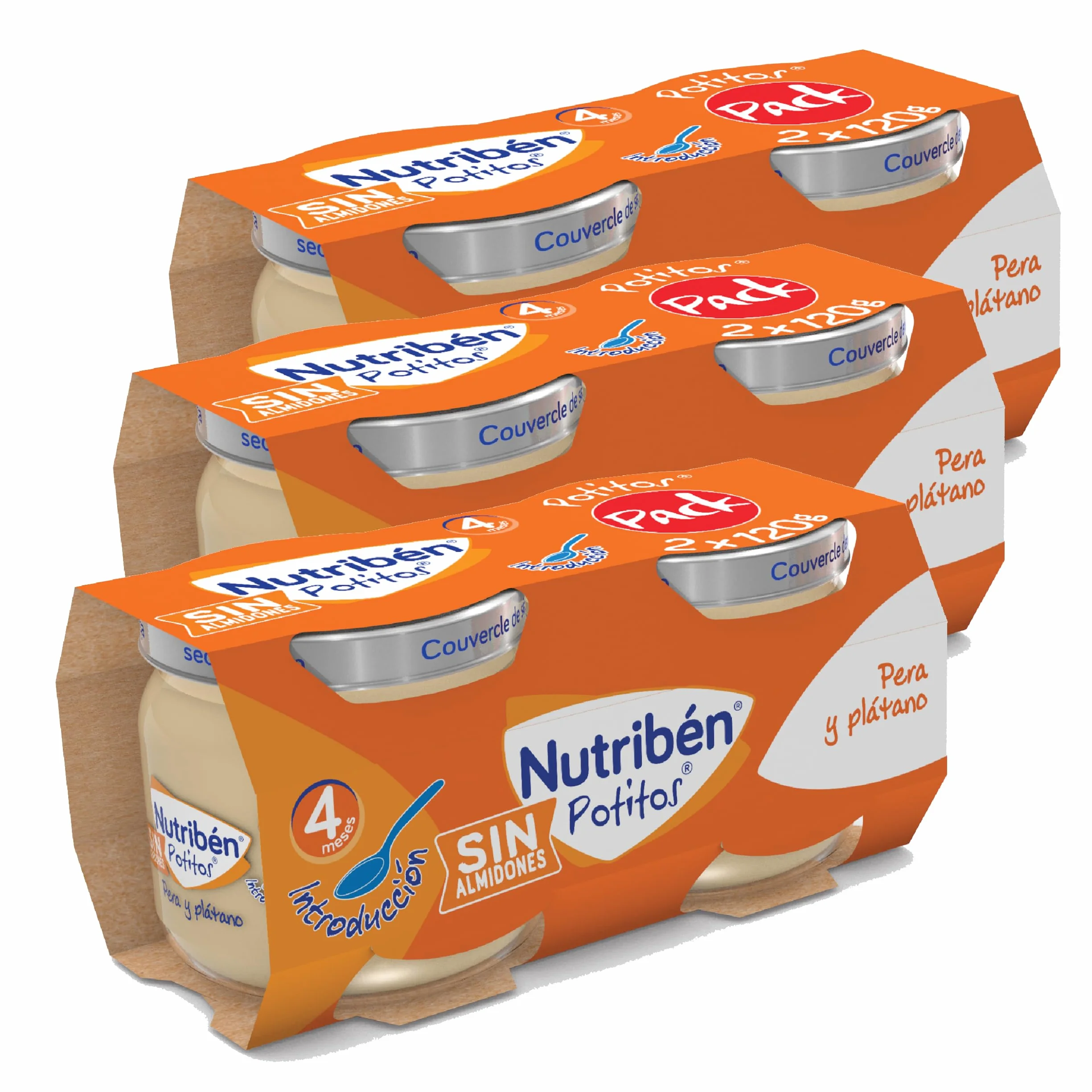 Nutribén Ecopotitos de Pera y Plátano, 100% Fruit, Organic, From 6 Months, Pack of 6 x 120 gr