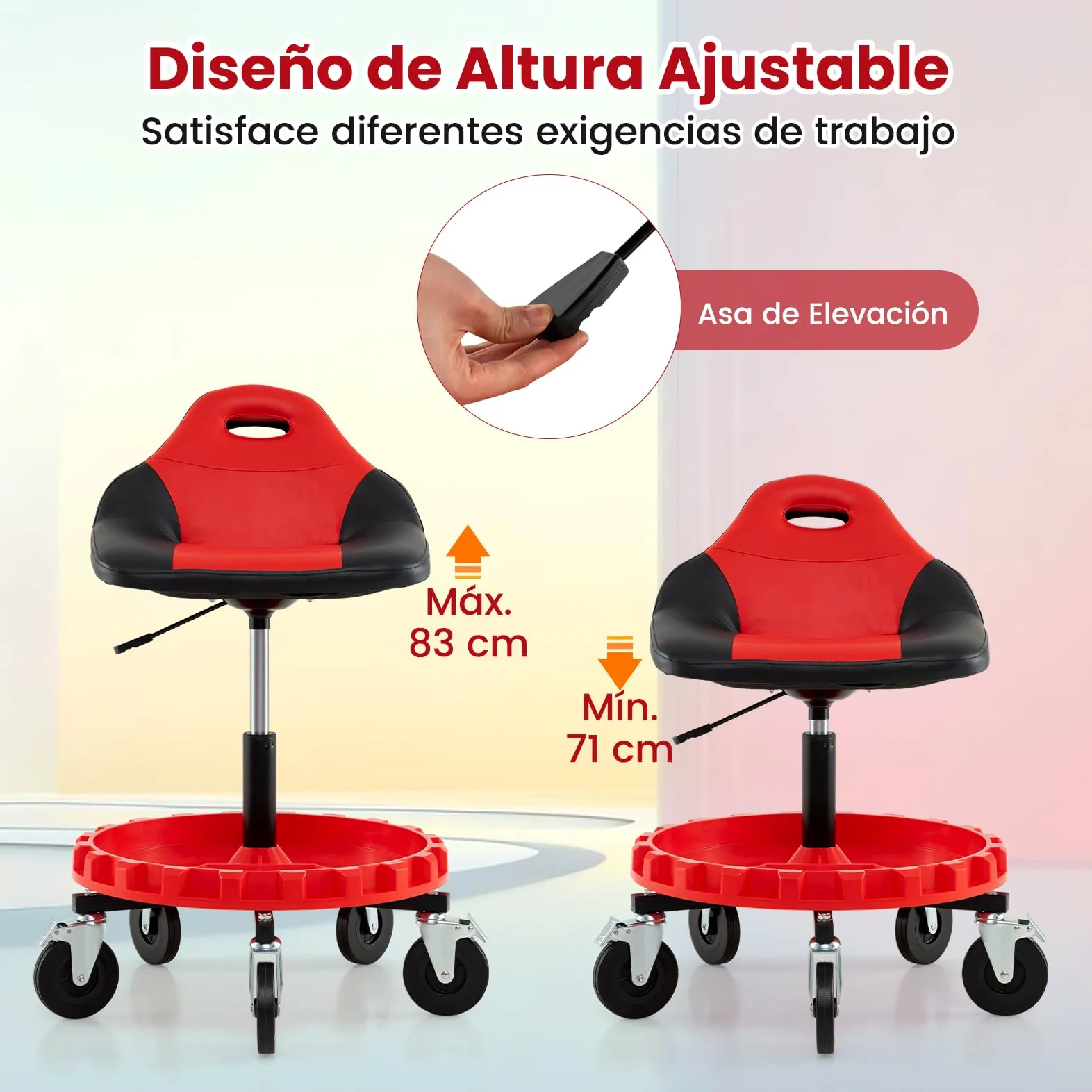 GYMAX Taburete de Taller, Taburete Mecánico con Asiento Aolchado Giratorio, Altura Ajustable, Bandeja para Herramientas, 5 Ruedas Universales, Asiento Rodante para Garaje Reparación Carga 150 kg