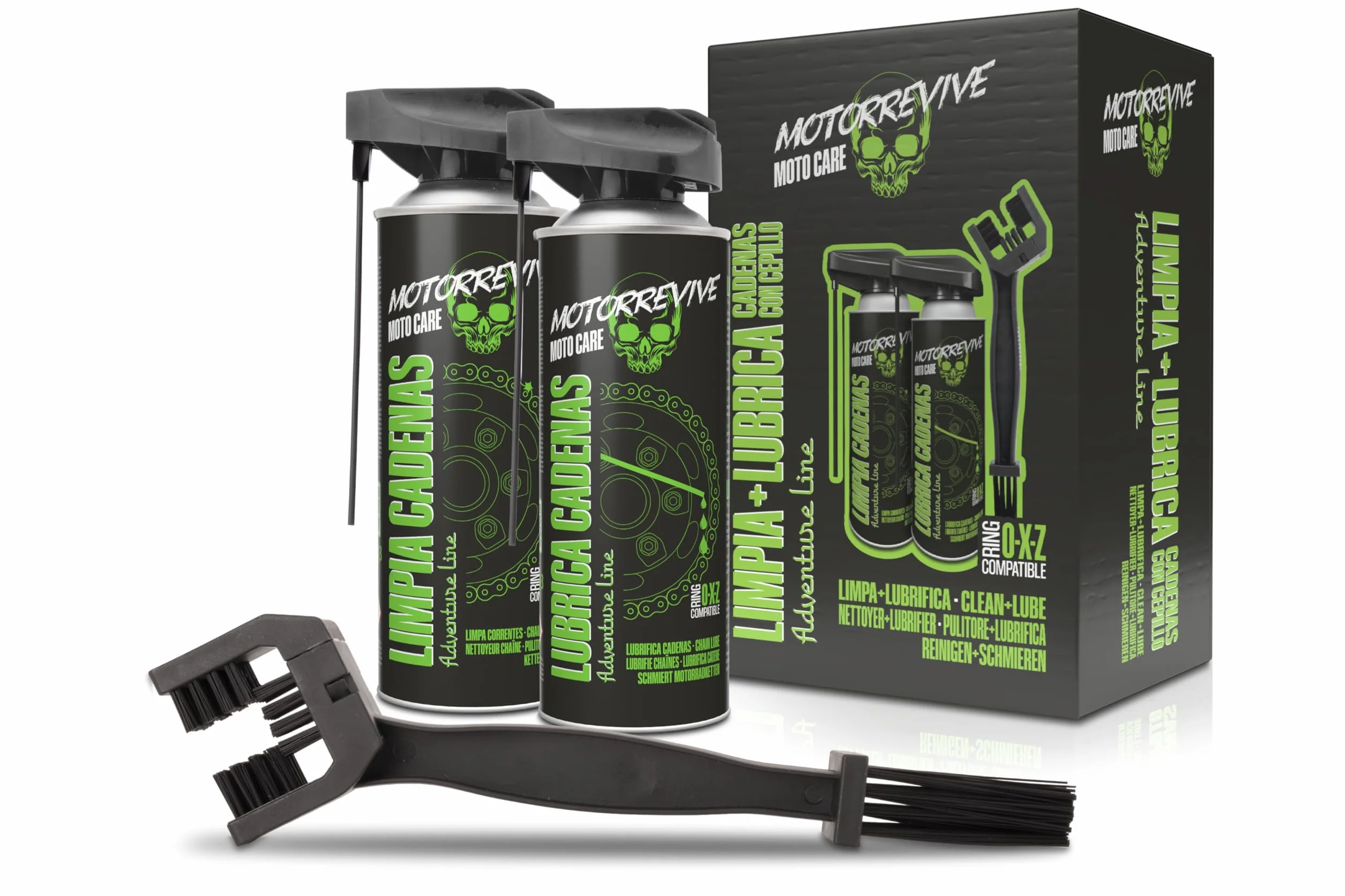 Pack Adventure Line con Limpiador, Lubricante y Cepillo para Cadenas de Moto Off-Road 380 + 380 ml | Mantenimiento Completo para Motocross, Enduro y Rutas Todo Terreno