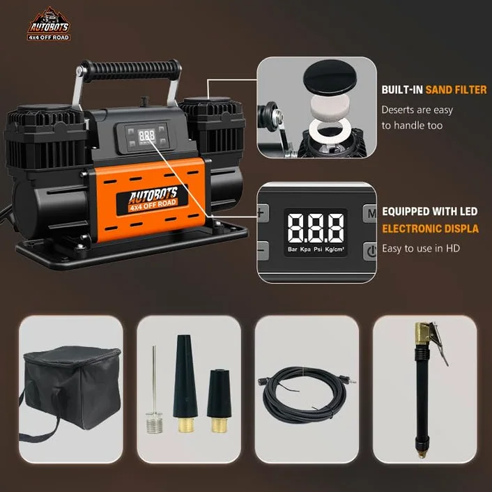 Compresor de Ruedas Portátil Bicilíndrico 12V 350L/min 150PSI con Pantalla LCD Inteligente Auto Stop, Accesorios y Bolsa Reforzada
