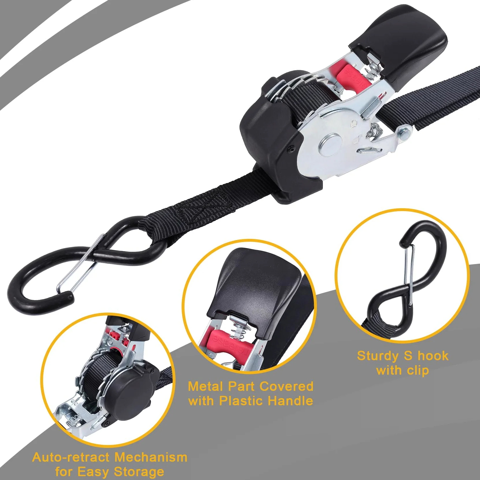 Ayaport Correas de trinquete retráctiles, correas de amarre autoretráctiles, resistencia a la rotura de 1200 libras, resistentes a la rotura, 12 pies para motocicleta, moto de cross, carga en