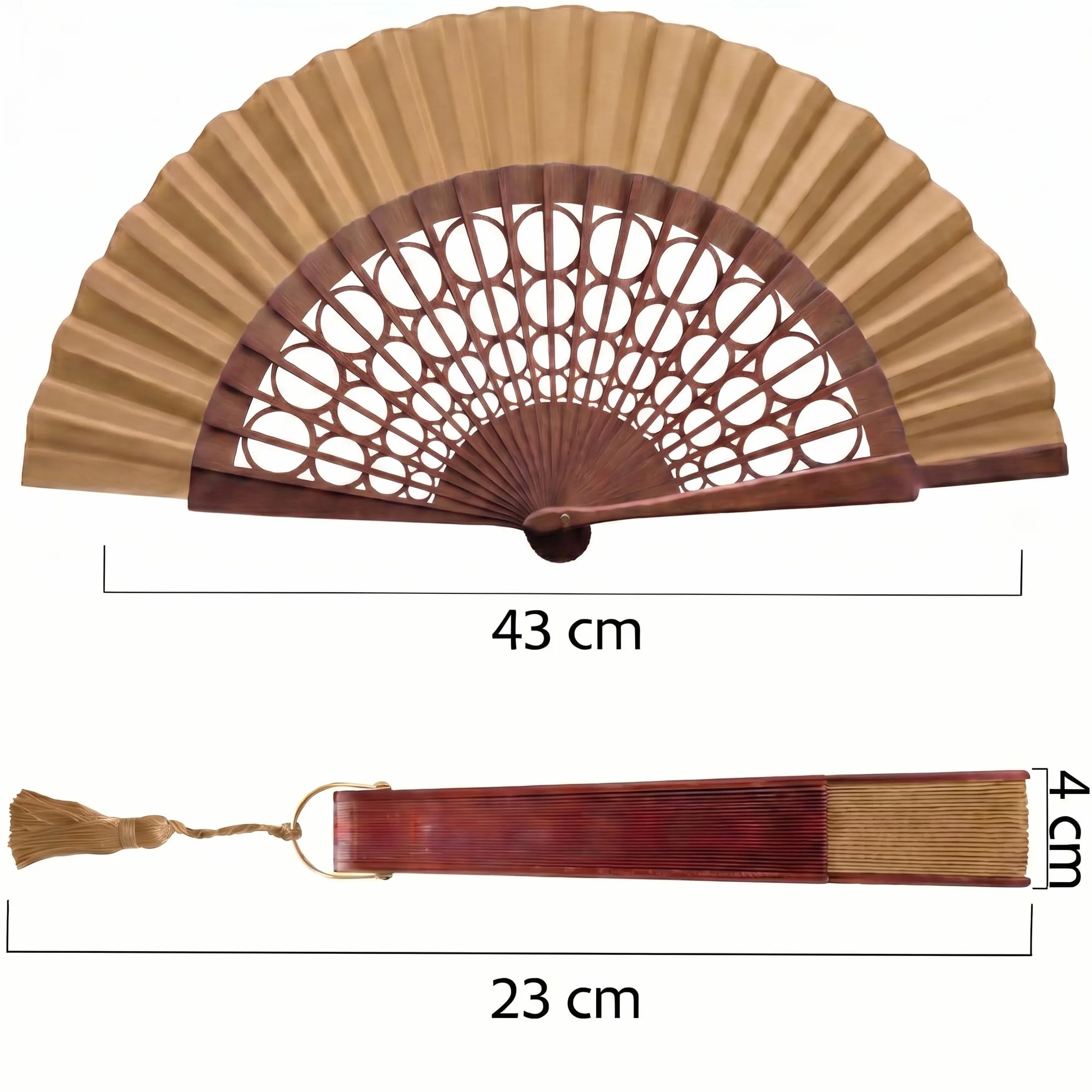 Abanico Español Artesanal 100% Algodón y Madera de Sipo Grande para Mujer Camel Esfera