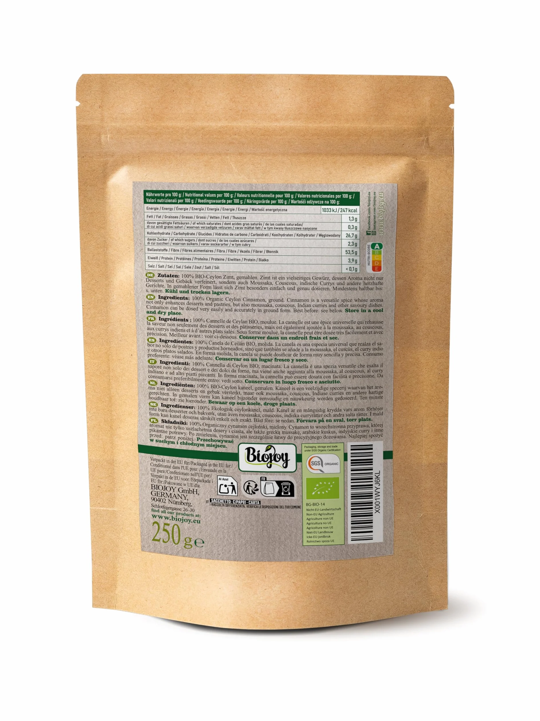 Biojoy Canela de Ceylan en Polvo Ecológica 250 g, Ceilán Canela molida Cinnamomum verum