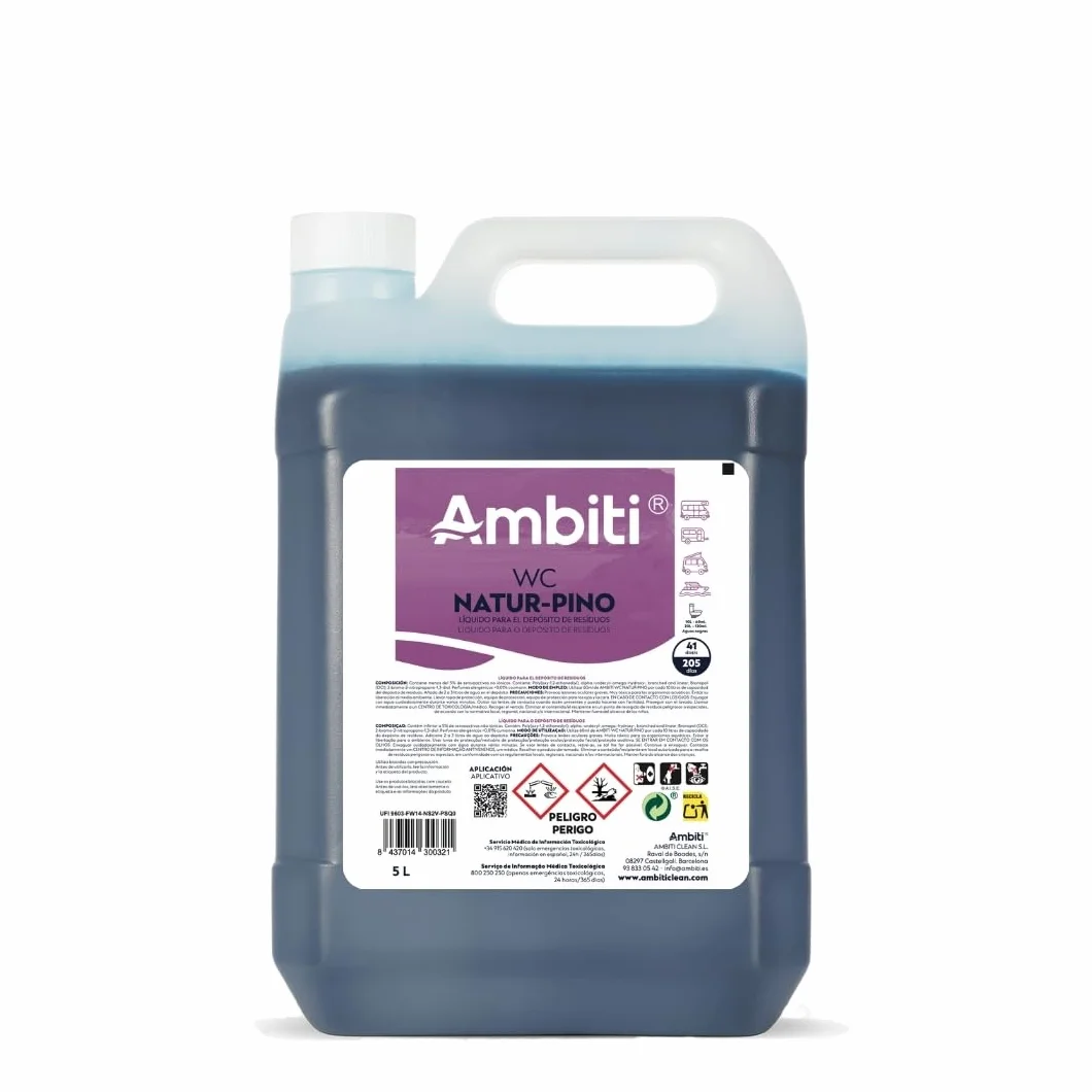 Ambiti | Natur Pino 5L | Aditivo para Depósito de Residuos Aguas Negras | Inodoros Portátiles de Autocaravanas, Caravanas y Barcos | Elimina Olores,residuos y Desinfecta | Fragancia a Pino