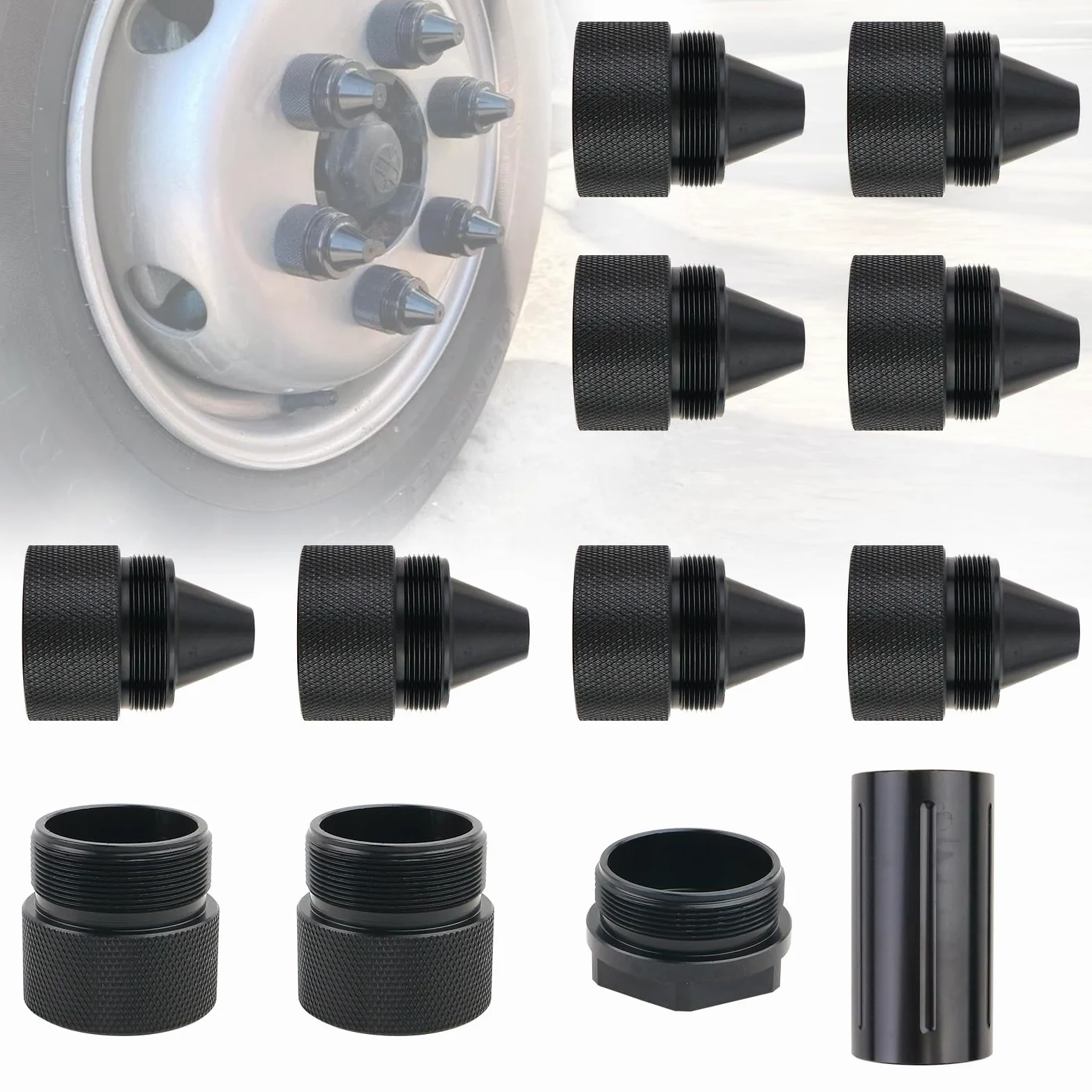 Paquete de 12 piezas de aleación de aluminio con forma de cono negro | Compatible con Kenworth Peterbilt Volvo Freightliner Mack International Trucks