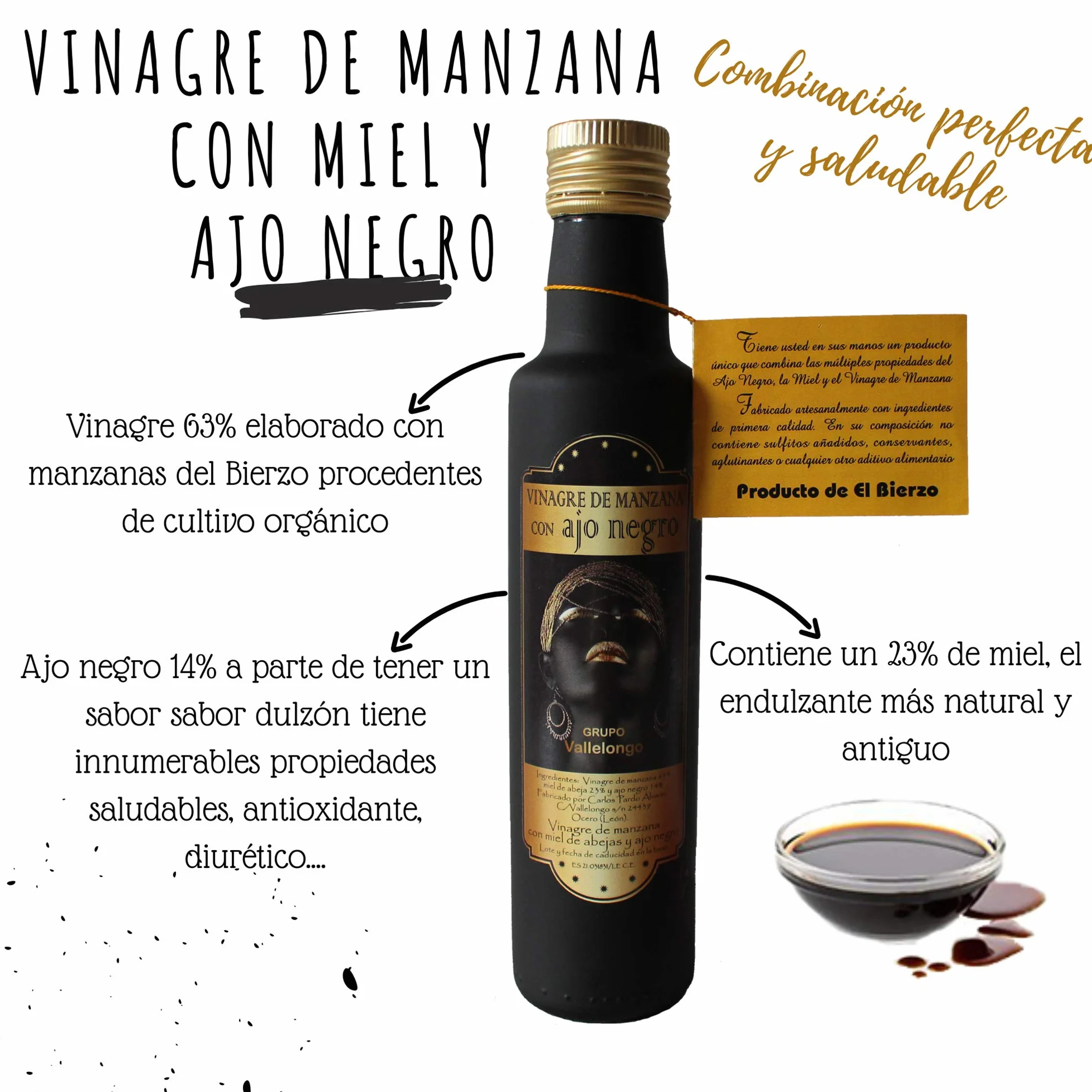 Vallelongo Vinagre de Manzana con Miel y Ajo Negro 250 ml