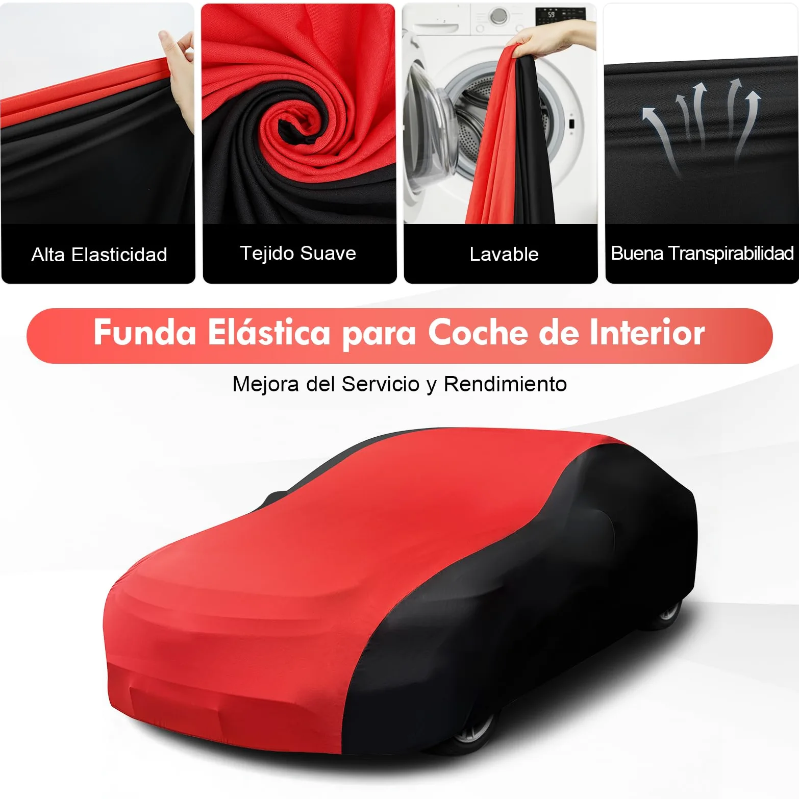 Funda Coche EláStica Interior, Funda para Coche Universal para Deportivo, SUV Mediano, Dedán de Lujo, Transpirable y a Prueba de Polvo, Suave y CóModo, Ajustado, Negro y Rojo, XL
