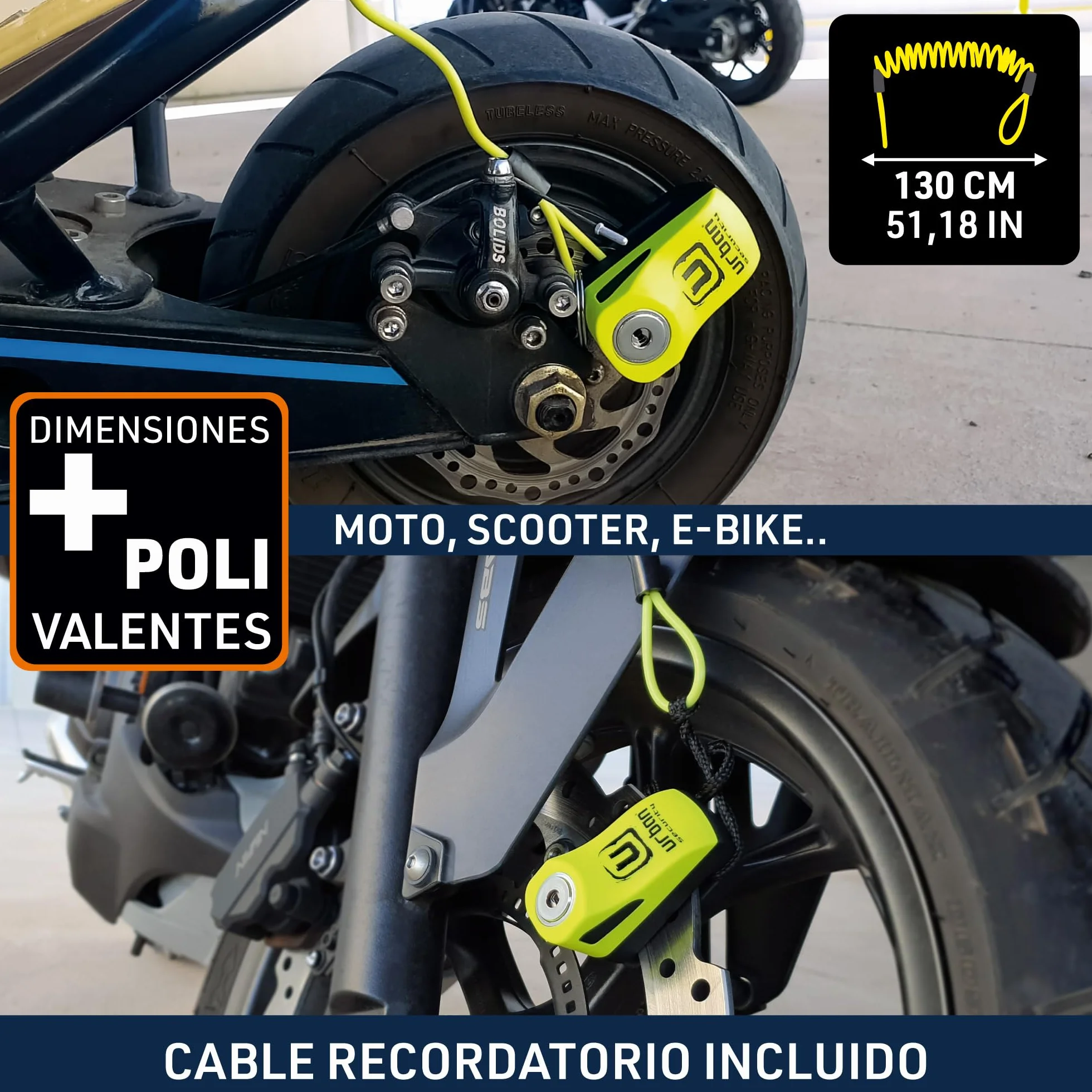 URBAN UR955Y Candado Moto Disco Universal, Seguridad Compacta y Eficaz, Más Visible Más Disuasorio, Rápido Bloqueo Click, Antirrobo Bloqueo Pinza Disco Freno Moto, Bicicleta, Patinete Electrico