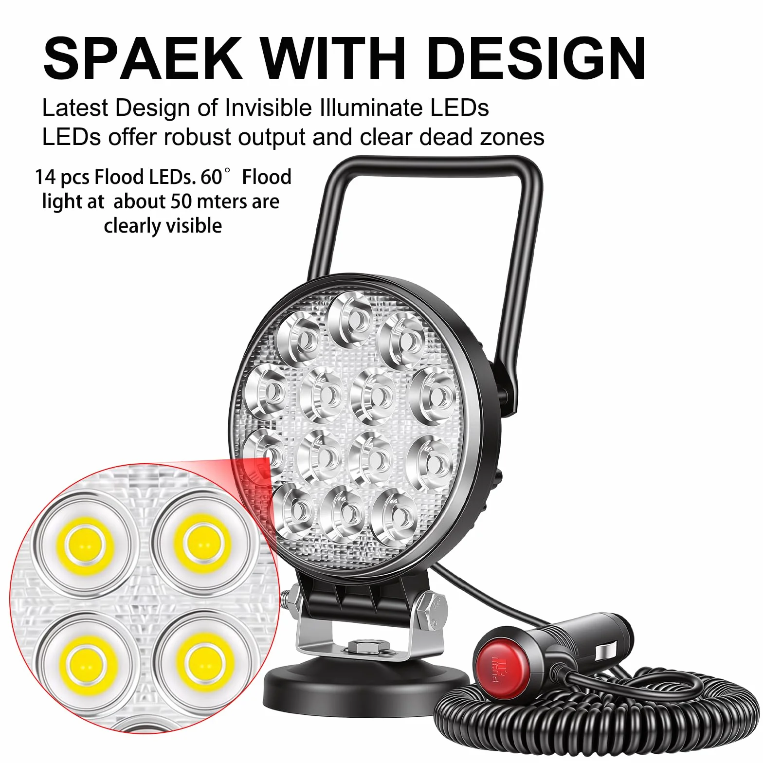 RIGIDON 42W Luz de Trabajo Con Base Magnética, 4 Pulgadas, Lámpara Portátil Para Off Road Camión Coche SUV 4x4, Faro LED Con Imán 12V 24V, 6000K Blanco