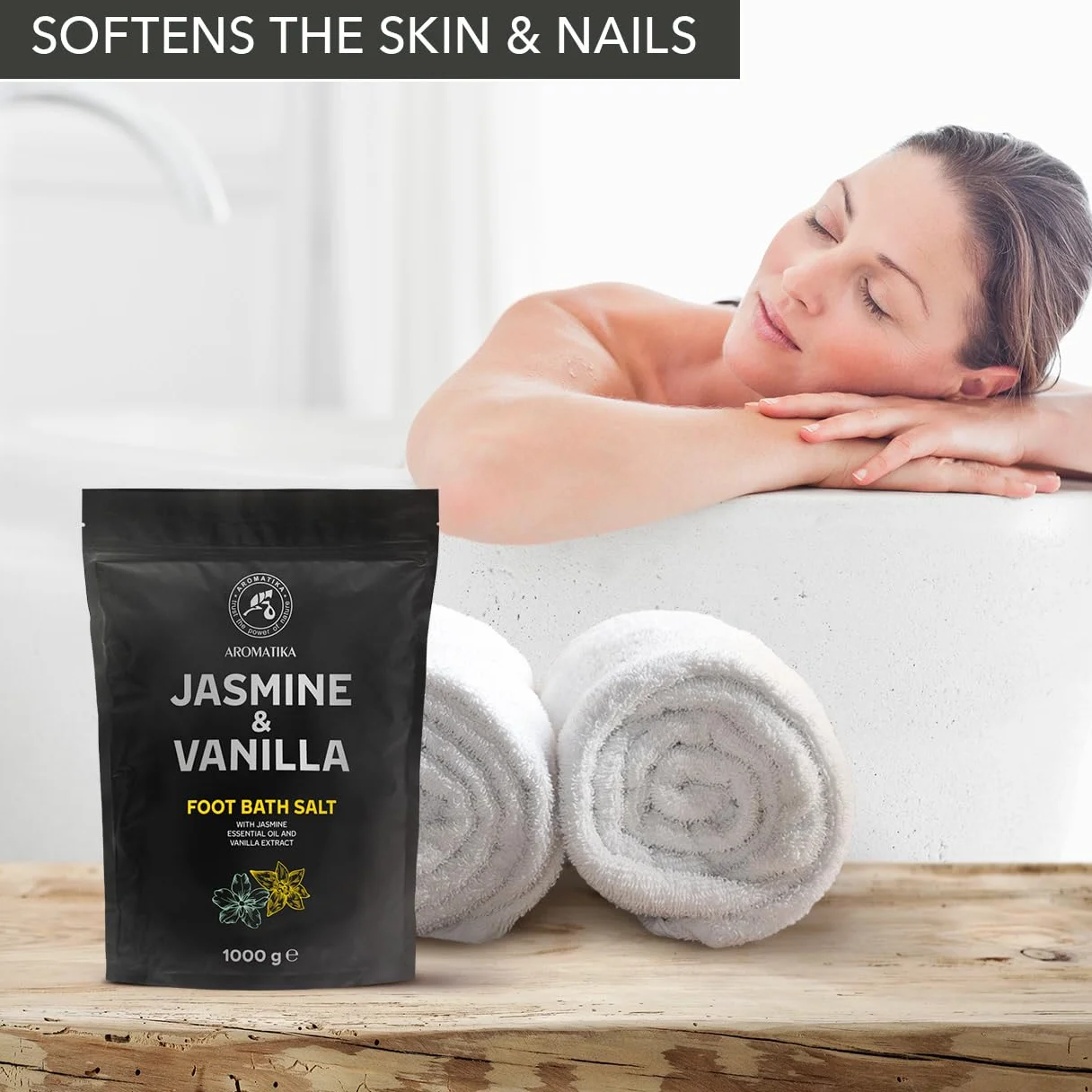 Sal de Baño para Pies Jazmín Vainilla 1000g Sal Marina Natural con Aceite Esencial de Jazmín y Extracto de Vainilla Cuidado de Pies