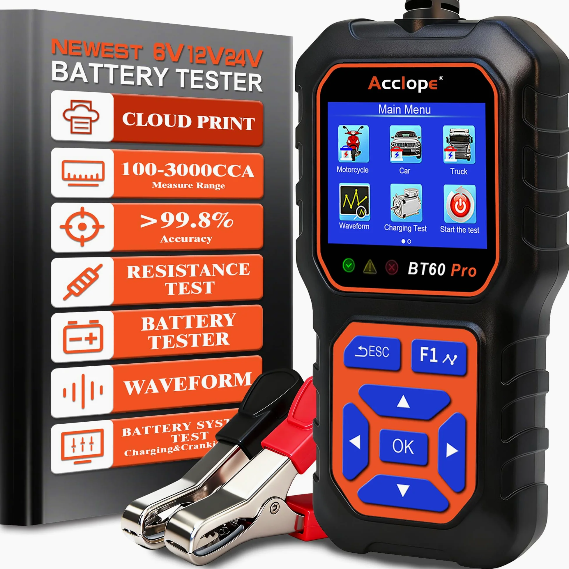 BT60 Pro 100-3000 CCA Comprobador de Baterías con Impresión en la Nube 6V 12V 24V AGM Litio Gel Analizador Digital Alternador Sistema de Carga y Arranque para Vehículos Camiones Motocicletas