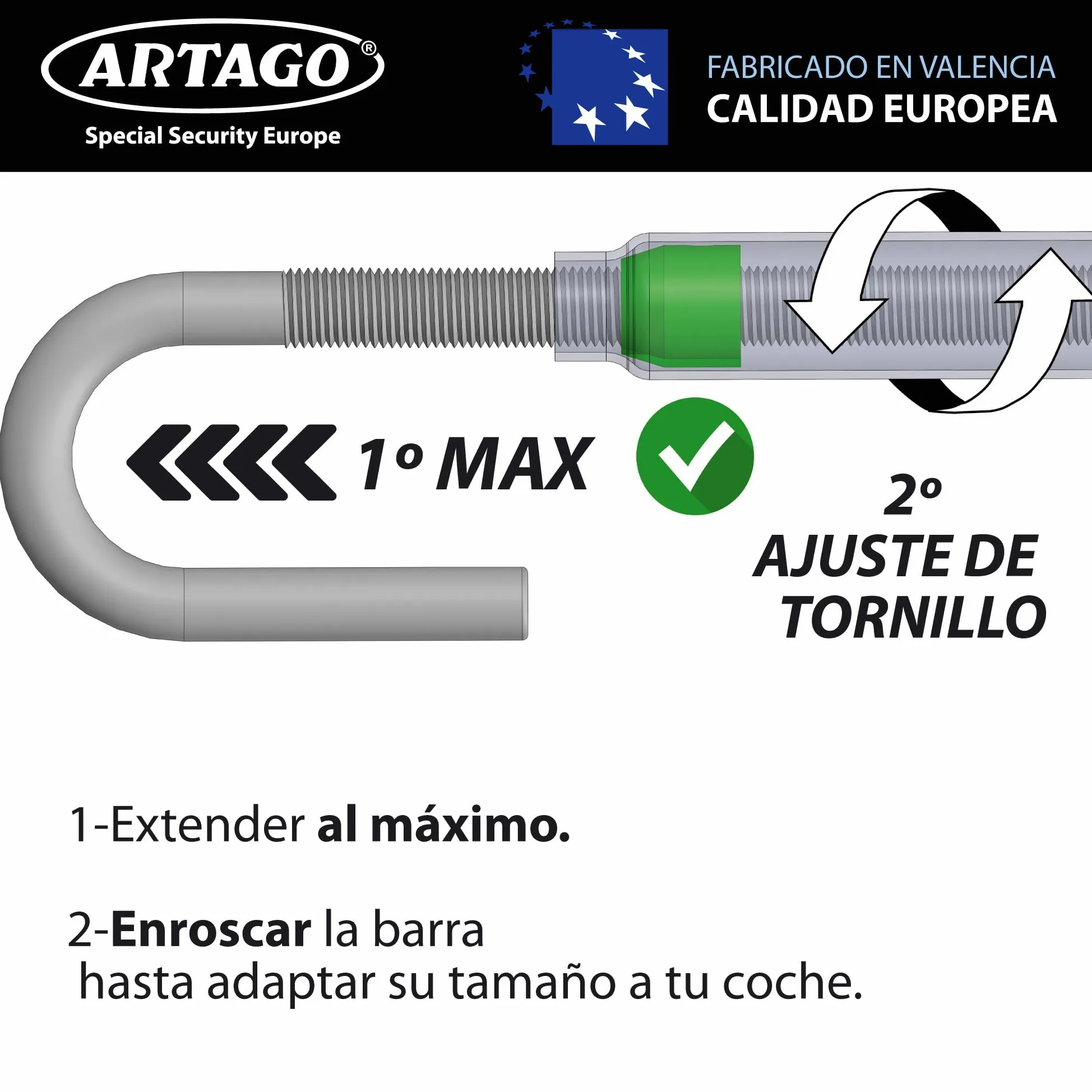 ARTAGO 871 Antirrobo Coche, Alta Gama, La Barra Bloqueo Volante Pedal Más Segura y Visible, Exclusivo Ajuste Rosca Más Preciso, Cepo Coche Universal SUV Furgoneta Autocaravana