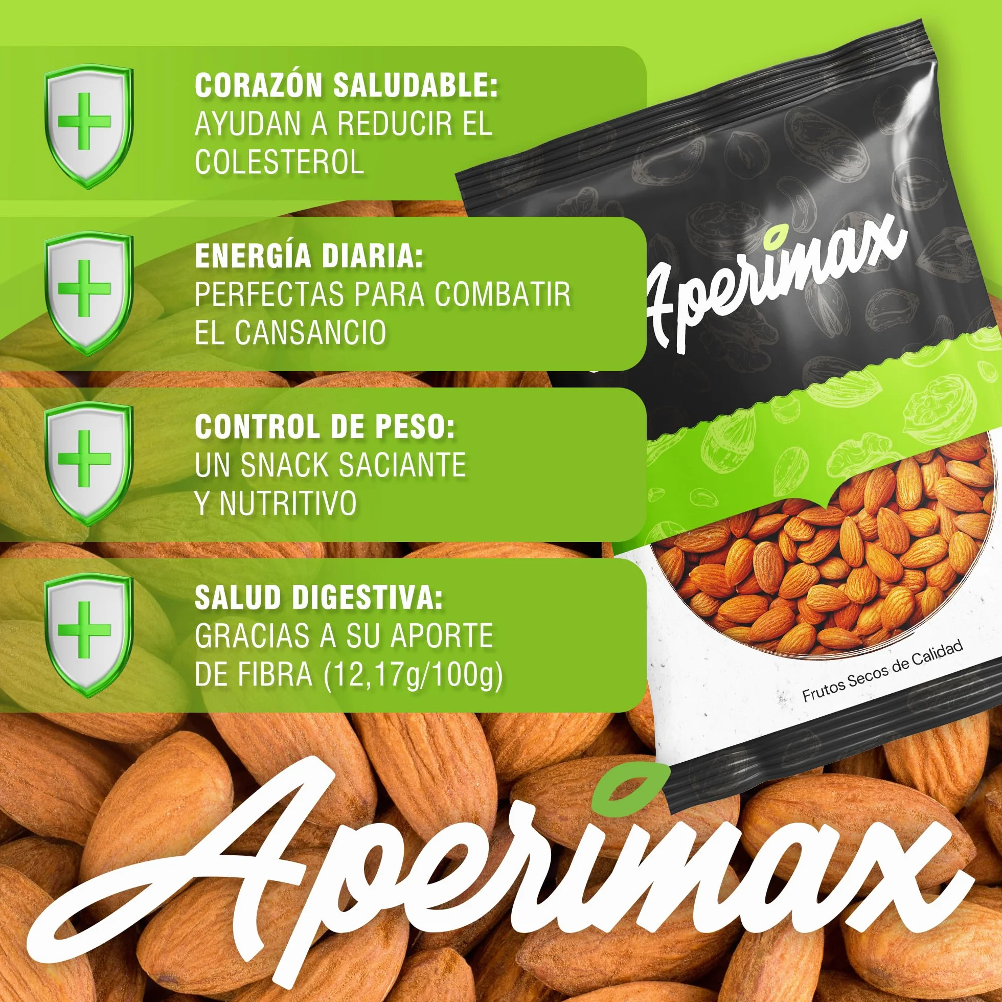 APERIMAX Almendras crudas naturales alto contenido en fibra Frutos secos sin gluten vegano