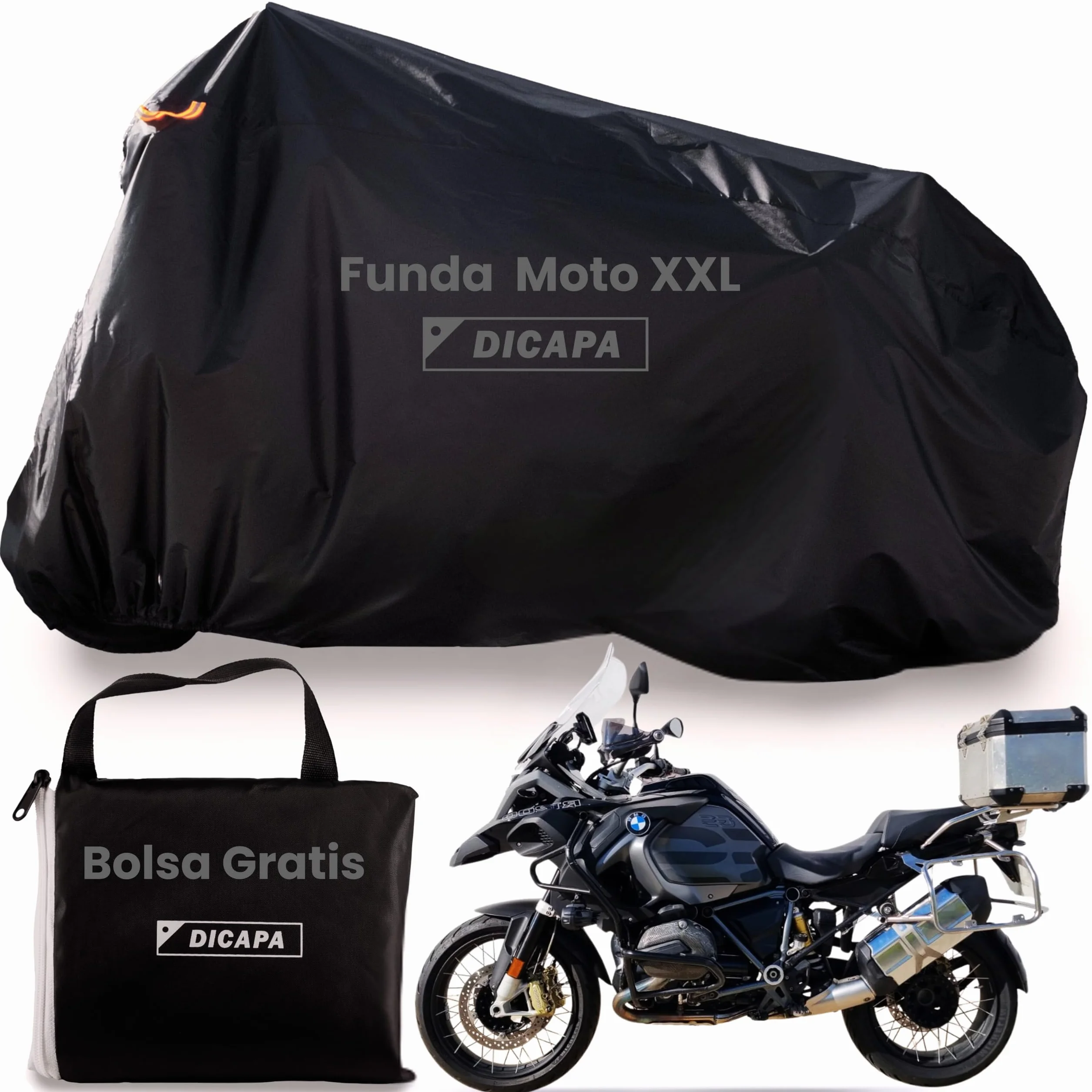 DICAPA Funda Moto Impermeable 245x105x125cm (XXL) Resistente al Agua, Viento, Nieve y Rayos UV. Funda para Moto con Sistema Antirrobo y Cierre Elástico