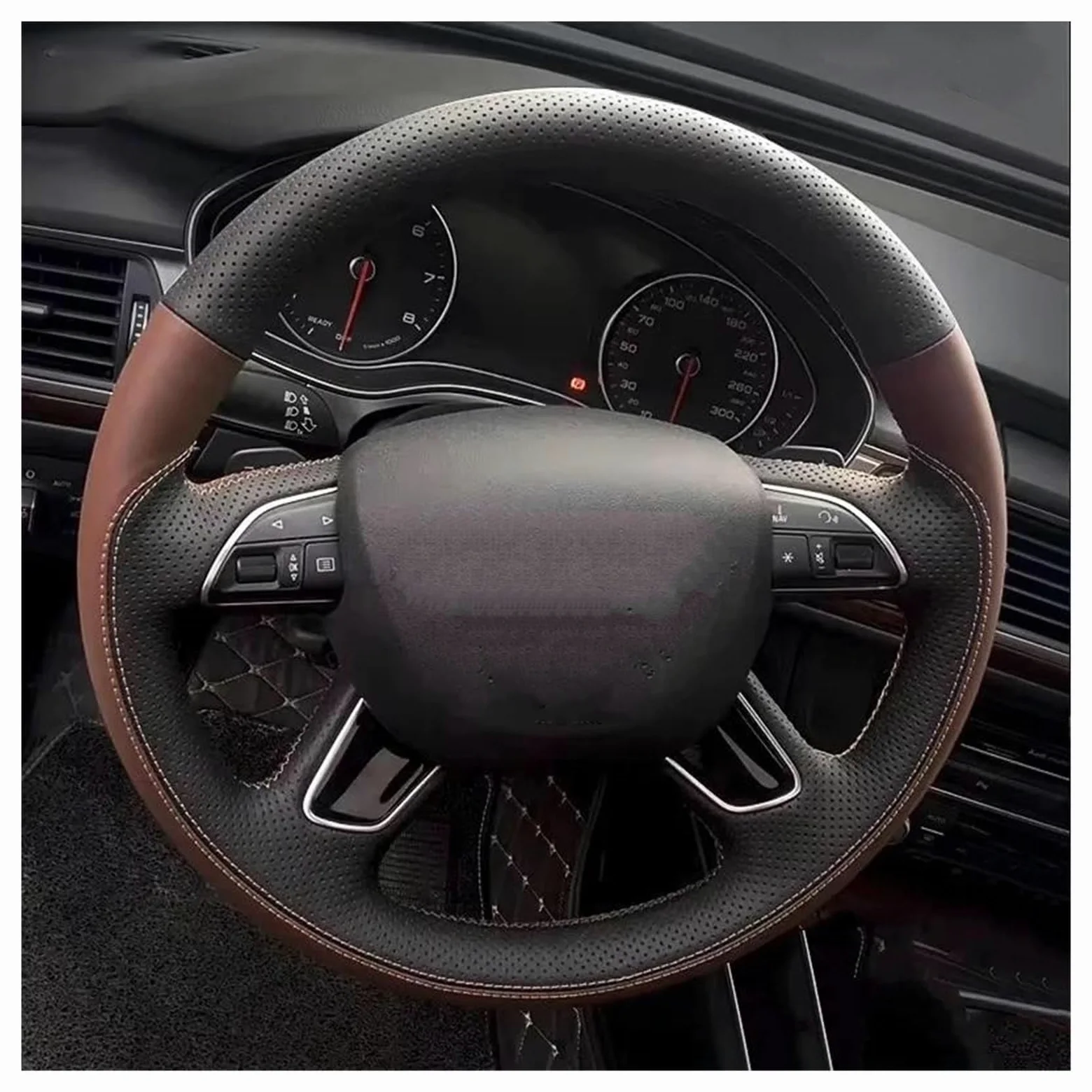 Protección Volante Coche para A3 A4 2013-2018 A6 2005-2018 Q3 2012-2018 Q5 Q7 2013-2018 Funda de Volante de Coche de Cuero marrón Negro Cosida a Mano(Negro)