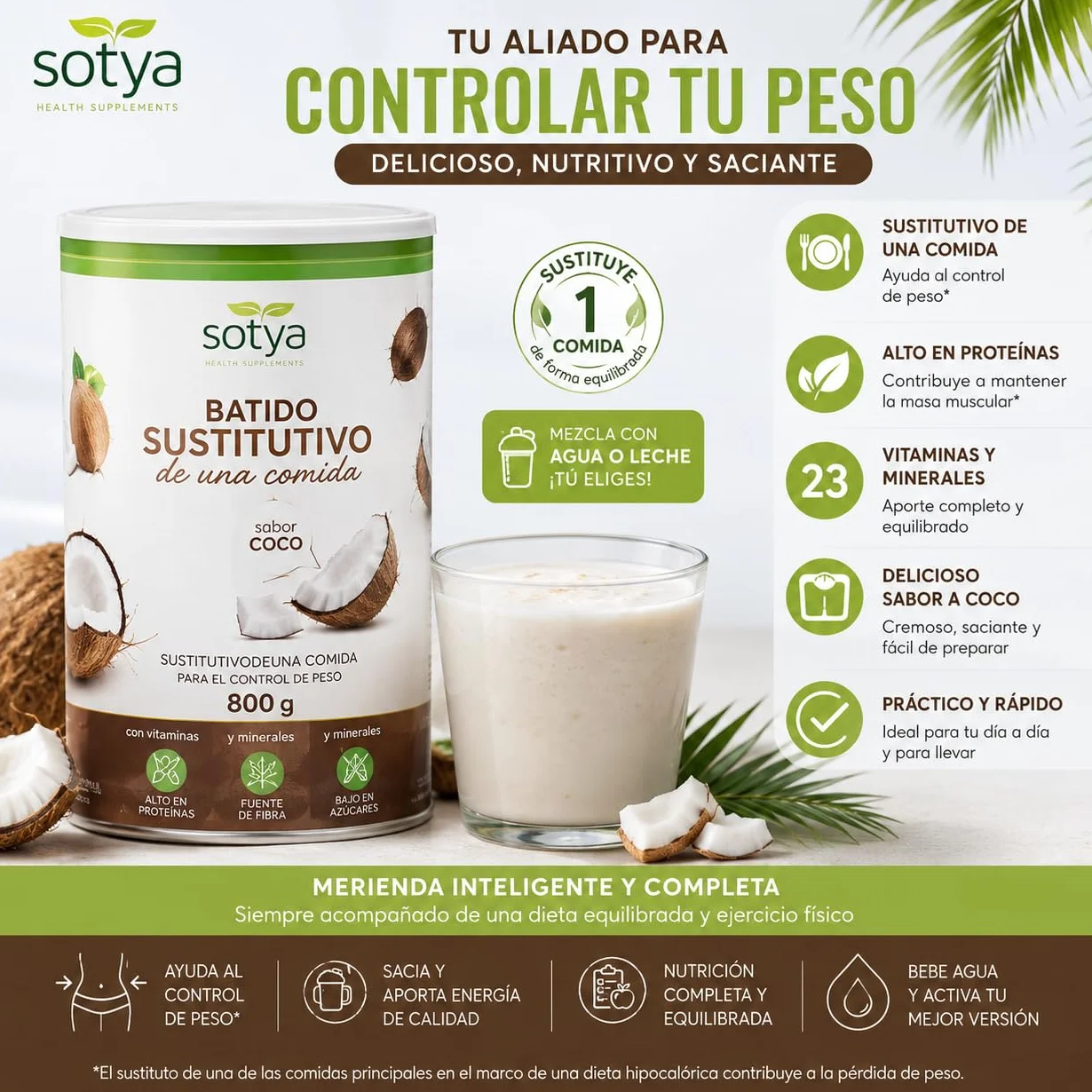 Sotya Batidos Saciantes Sustitutivos de Comida Control de Peso Pack 3 Sabores Capuchino Chocolate Vainilla Fibra Proteínas Vitaminas Café Verde