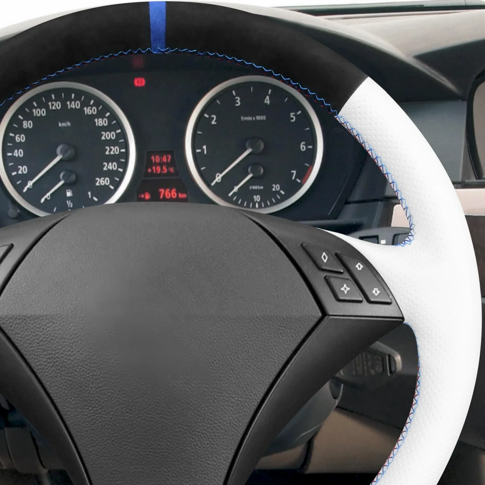 MEWANT funda para volante de cuero blanco con costura DIY para E60 (sedán) 530d 2003-2009 E61 (touring) 2004-2009 Accesorios para volante para E60 530