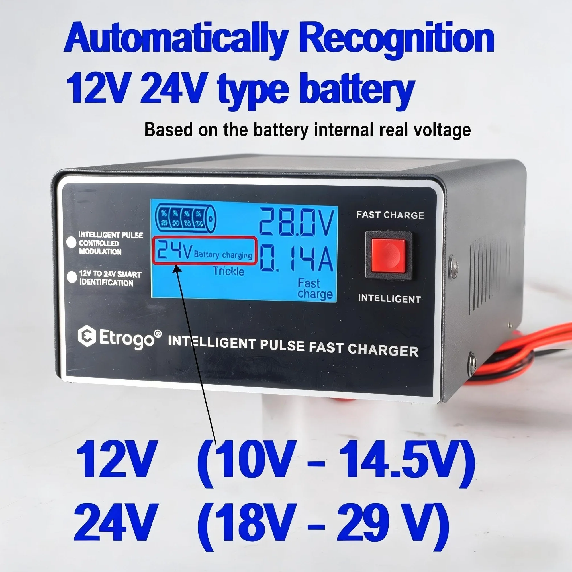 Etrogo Cargador Coche 12V 24V 10A 250W de Pulso Inteligente con Función Automática de Detección Reparación Mantenimiento con Pantalla LCD