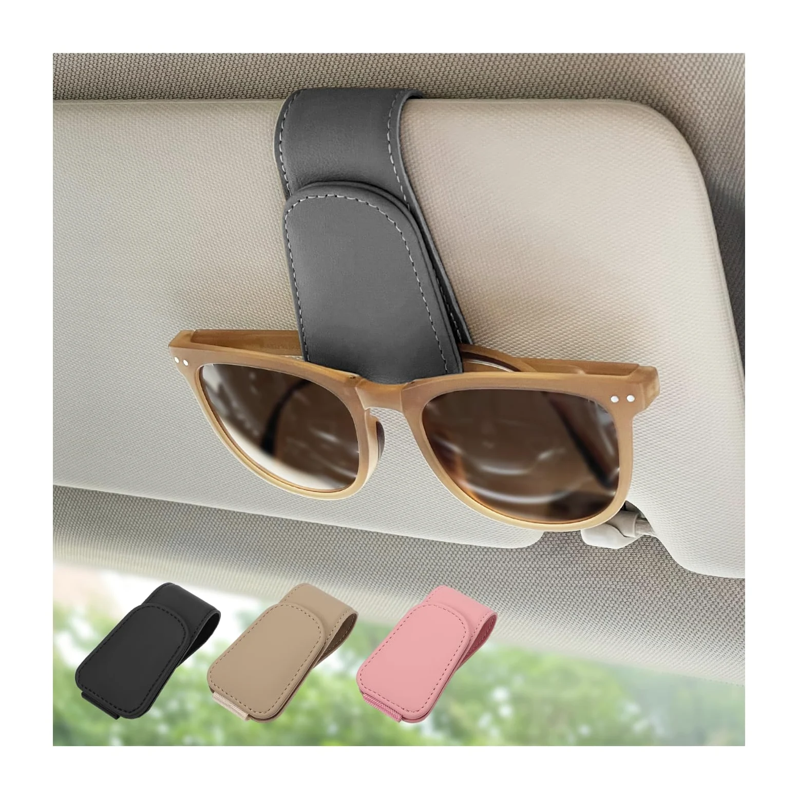 Paquete de 2 soportes magnéticos de cuero para lentes de sol, clip para colgar lentes para visera de coche, adecuado para lentes de diferentes tamaños (gris, paquete de 2)